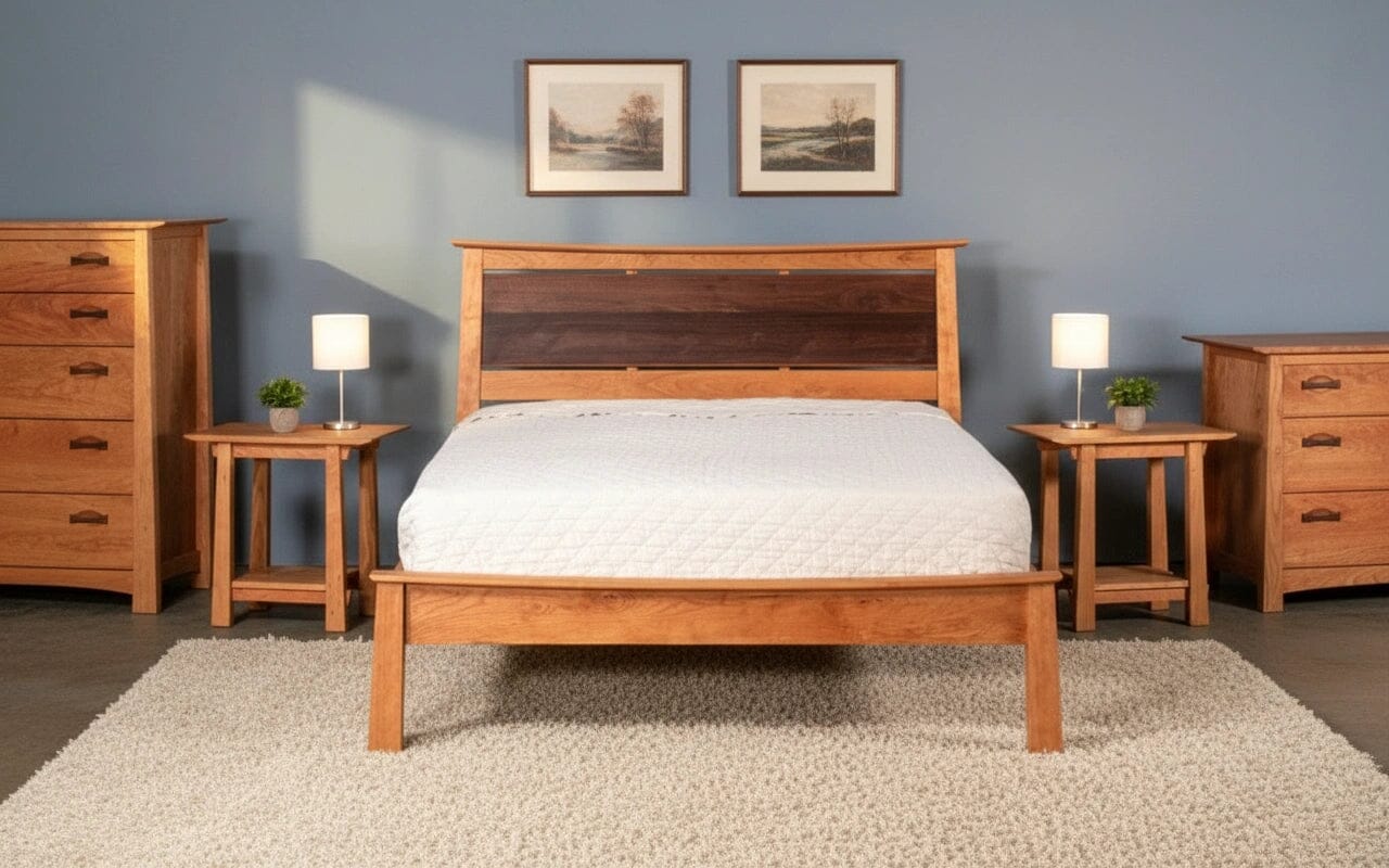 A bedroom features the TY Fine Furniture Enso Platform Bed Cherry with crisp white bedding, flanked by nightstands with lamps and plants. A cherry wood dresser and chest add warmth, while two art pieces on a blue wall evoke Japanese-inspired style.