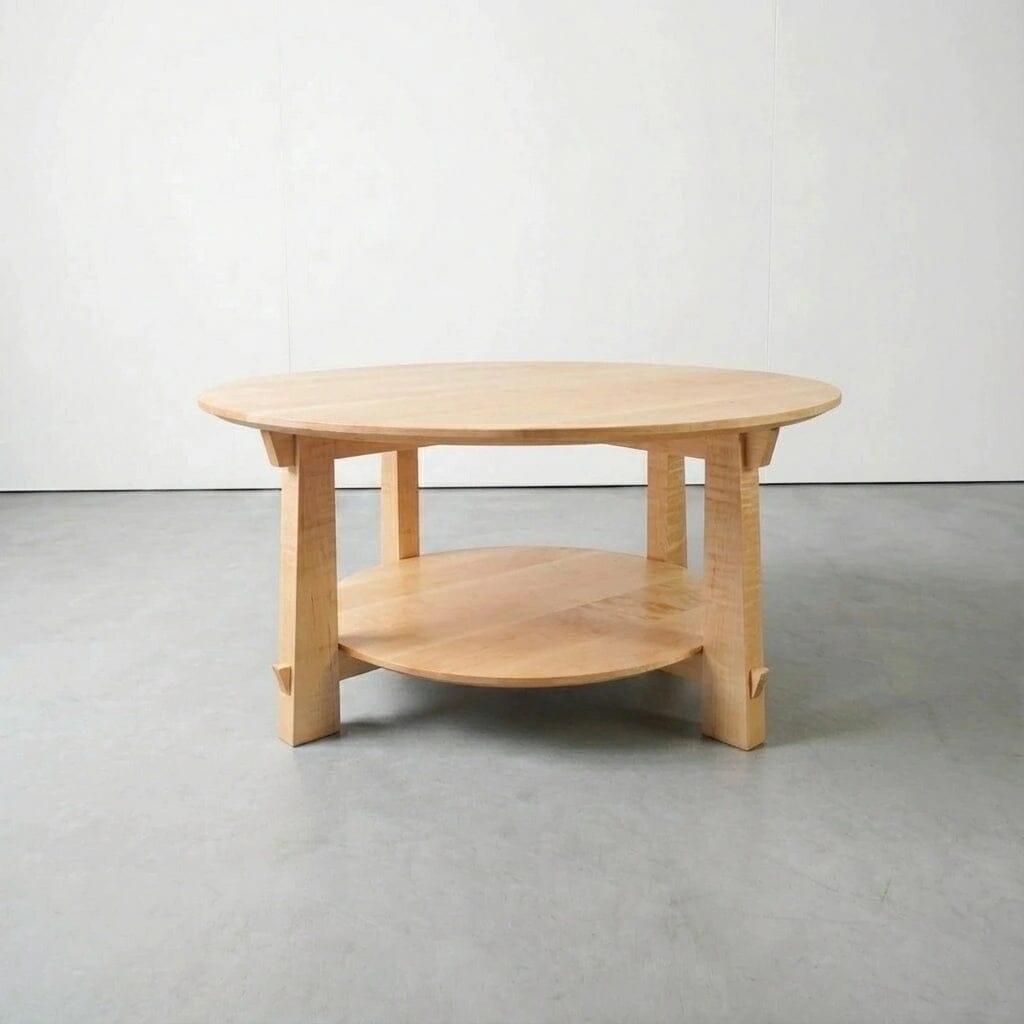 The Enso Round Coffee Table in Maple by TY Fine Furniture features a minimalist, Japanese-inspired design with four legs and a circular lower shelf, crafted from solid wood and shown on a gray floor against a plain white wall.