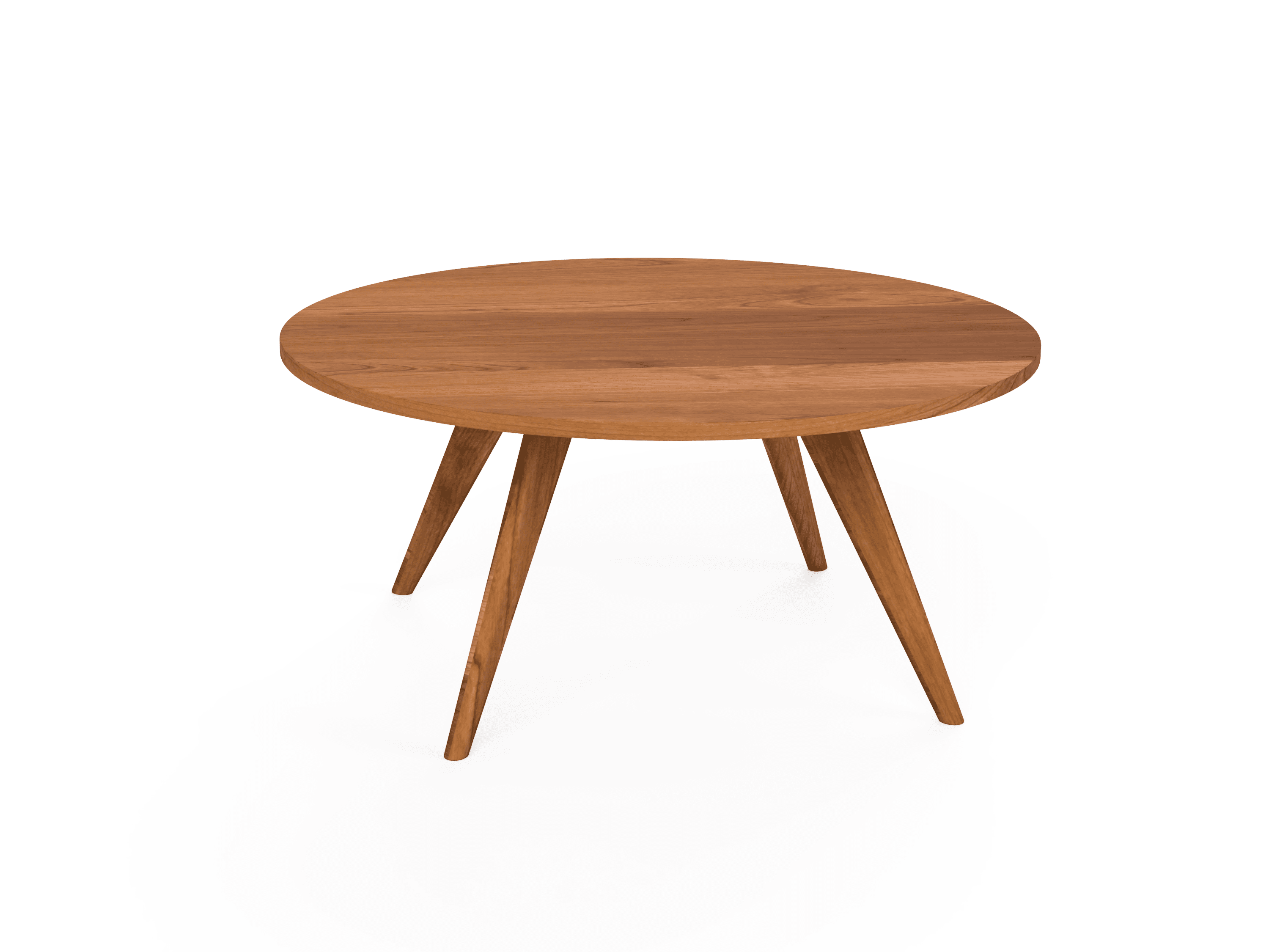 The Modern Essentials Round Coffee Table by TY Fine Furniture features a smooth wooden top and four angled legs in a mid-century modern style, shown against a plain white background. Available in Columbus, OH.