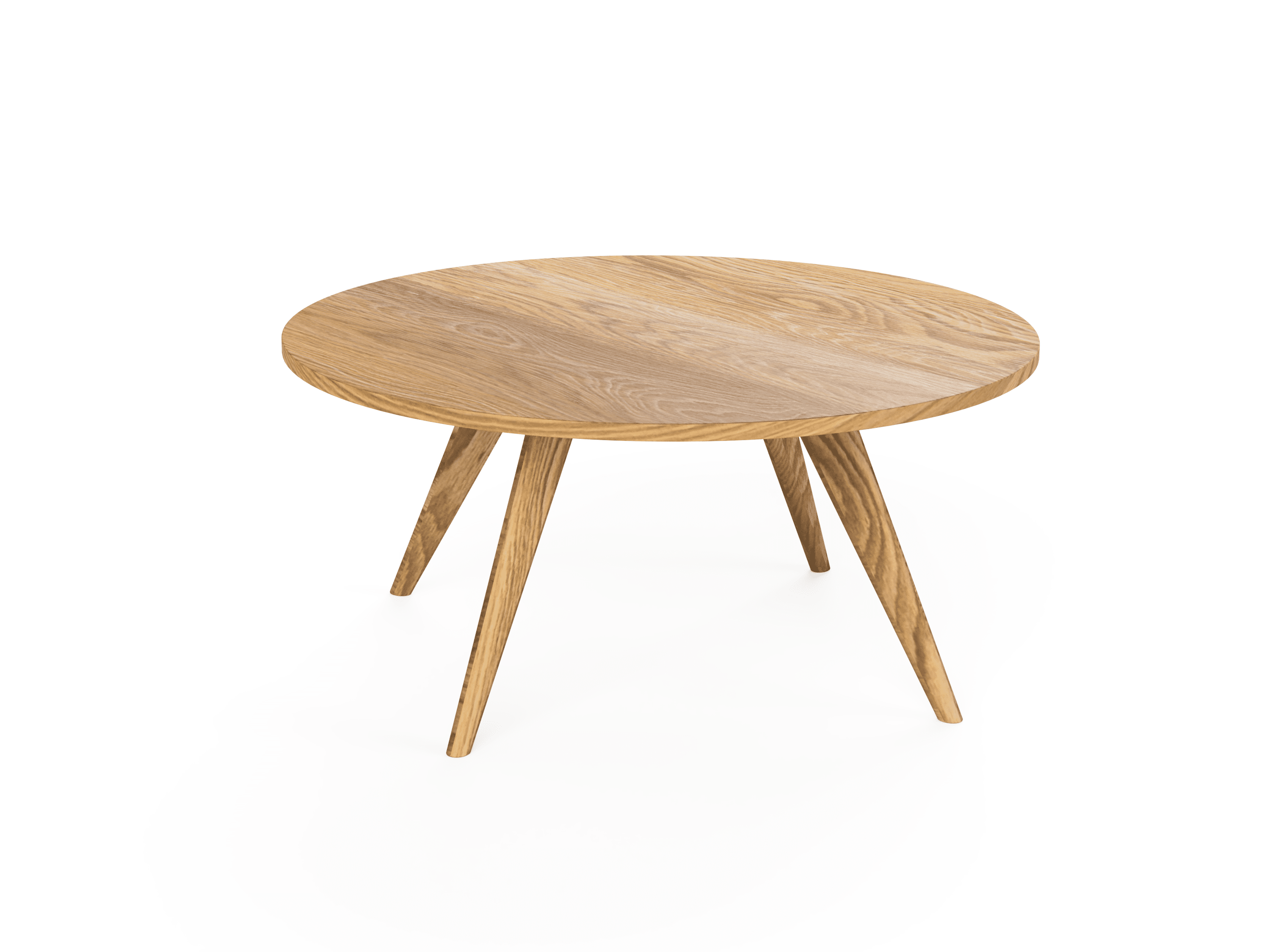 The TY Fine Furniture Modern Essentials Round Coffee Table, shown on a white background, features a smooth top and four angled legs with a natural wood finish, embodying minimalist mid-century modern style. Available in Columbus OH.