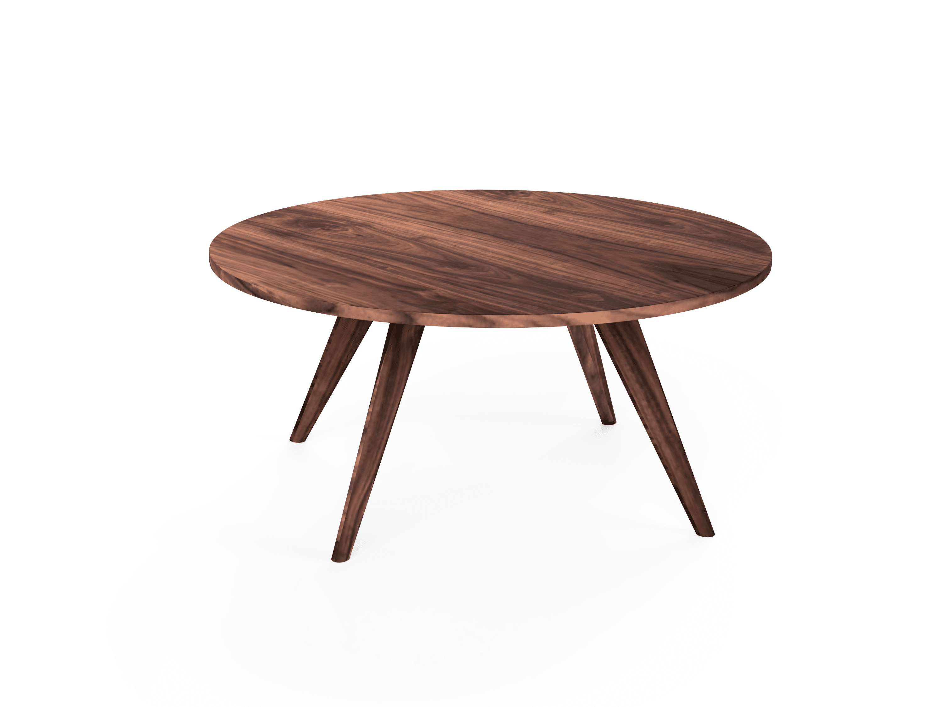 The Modern Essentials Round Coffee Table by TY Fine Furniture features a smooth surface and four angled legs in dark wood, showcasing a mid-century modern style against a plain white background. Available in Columbus, OH.