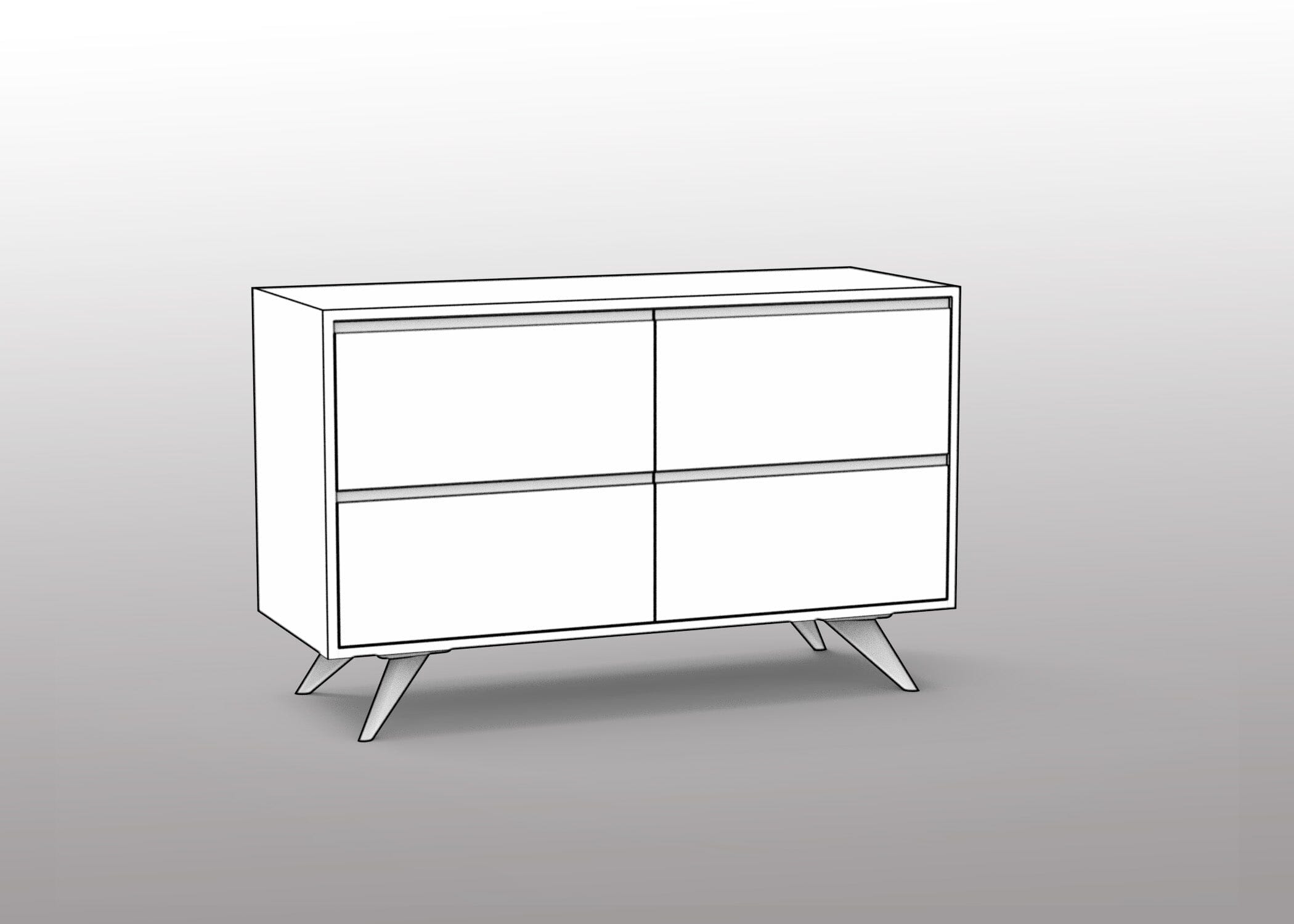 The Custom Modern Dresser 2×3 - Option 6 by T.Y. Fine Furniture features a minimalist, rectangular design with four front panels and angled legs—ideal for pairing with an 18.5 inch deep bathtub in contemporary Columbus, OH interiors.