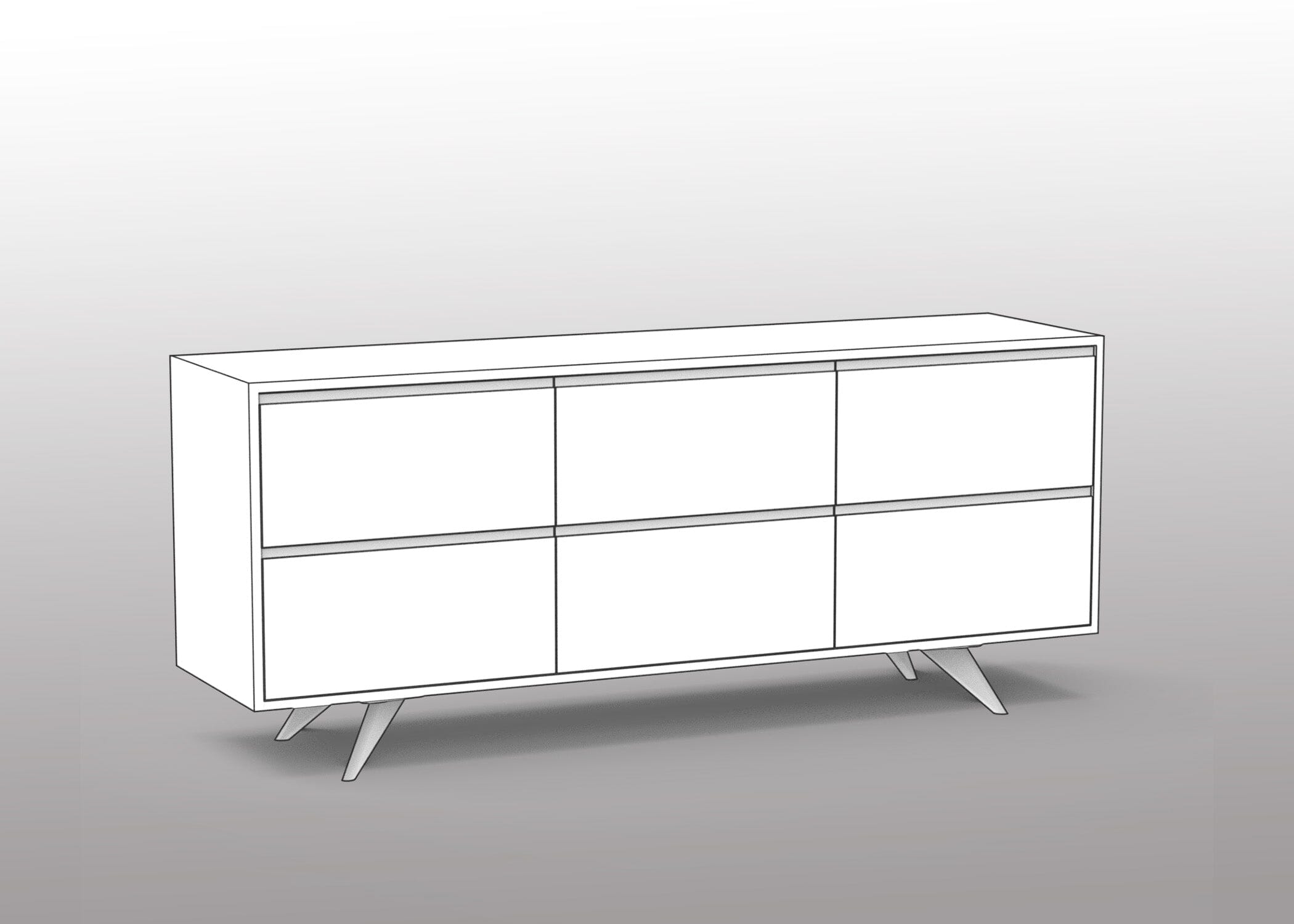 A minimalist line drawing of the Custom Modern Dresser 2×3 - Option 7 by T.Y. Fine Furniture, featuring six drawers and angled legs, shown in three-quarter view on a gray gradient background, inspired by 18.5-inch deep bathtub designs.