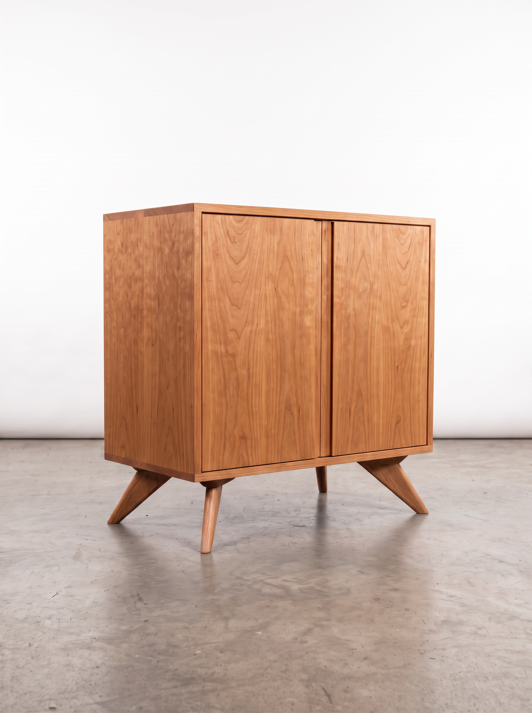 The Solid Cherry Accent Cabinet from the Modern Collection by T.Y. Fine Furniture, featuring two doors and angled legs, stands on a polished concrete floor against a plain white background.