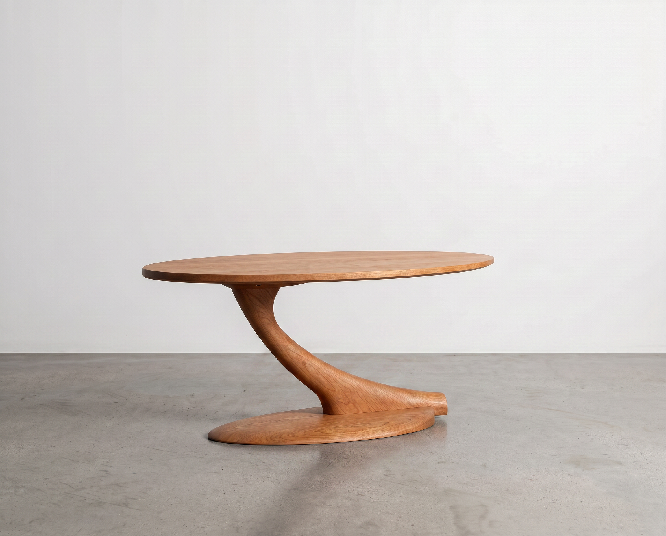 The Cantilever Oval Coffee Table Solid Wood - Maple by TY Fine Furniture features a modern design with a unique, twisted central base and an elegant oval maple top. Set against a plain white wall on a concrete floor, its striking form creates a sophisticated focal point, perfect for contemporary interiors.