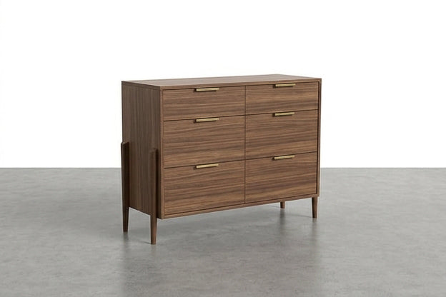The TY Fine Furniture Solid Walnut 6-Drawer Double Bank Dresser from the Apollo Collection stands on four tapered legs with elegant brass handles, showcasing timeless mid-century modern style. The Apollo Dresser is positioned on a gray floor against a plain white background.