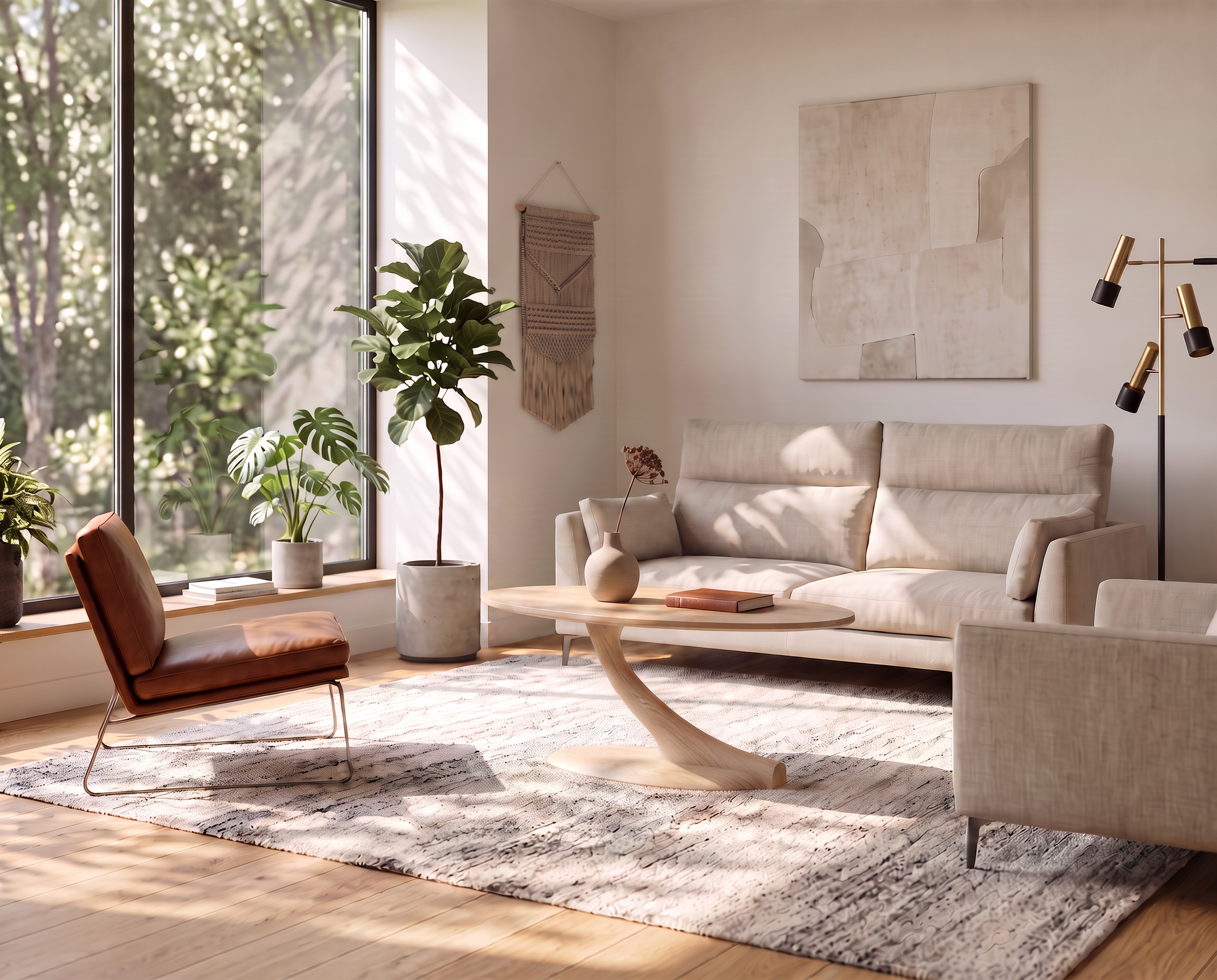 Sunlight streams into a bright living room with large windows, where a beige sofa sits alongside a brown accent chair, abstract wall art, potted plants, and a textured rug. The centerpiece is the Cantilever Oval Coffee Table in solid maple wood from TY Fine Furniture, perfectly complementing the cozy, minimalist décor.