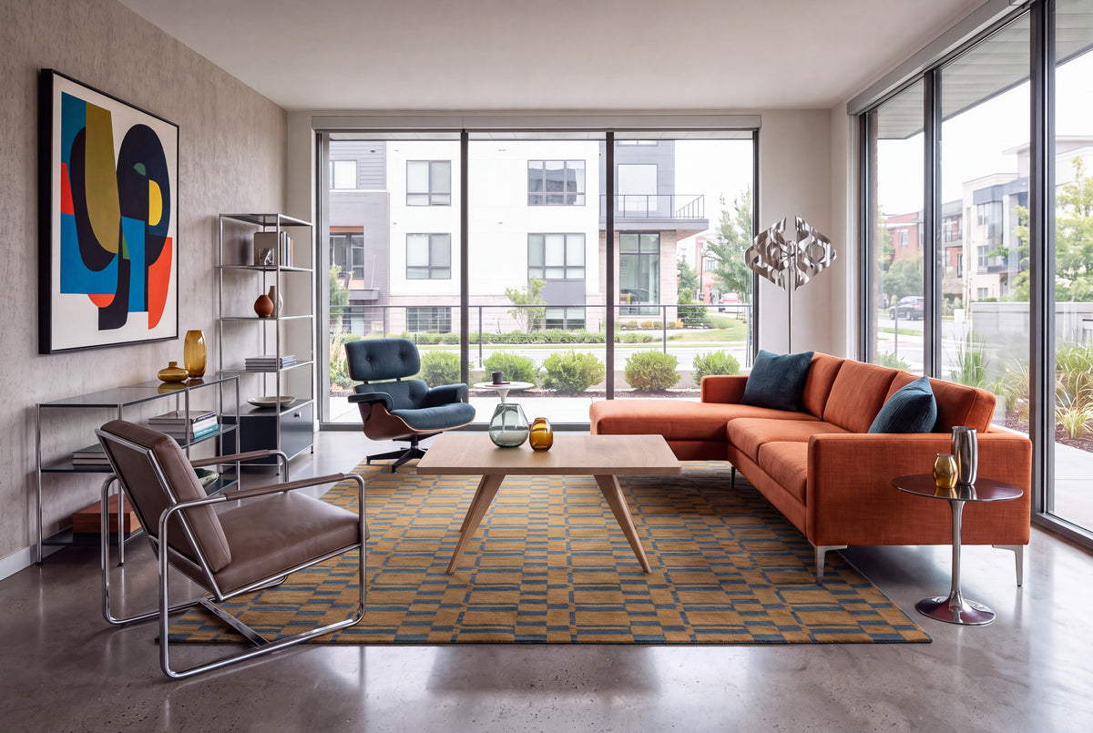 Modern living room with large windows, orange sectional sofa, lounge chair, metallic shelving, abstract wall art, geometric rug, and a Solid White Oak Square Coffee Table from the Essentials Collection by TY Fine Furniture, surrounded by decorative items on tables and shelves. Urban buildings are visible outside.