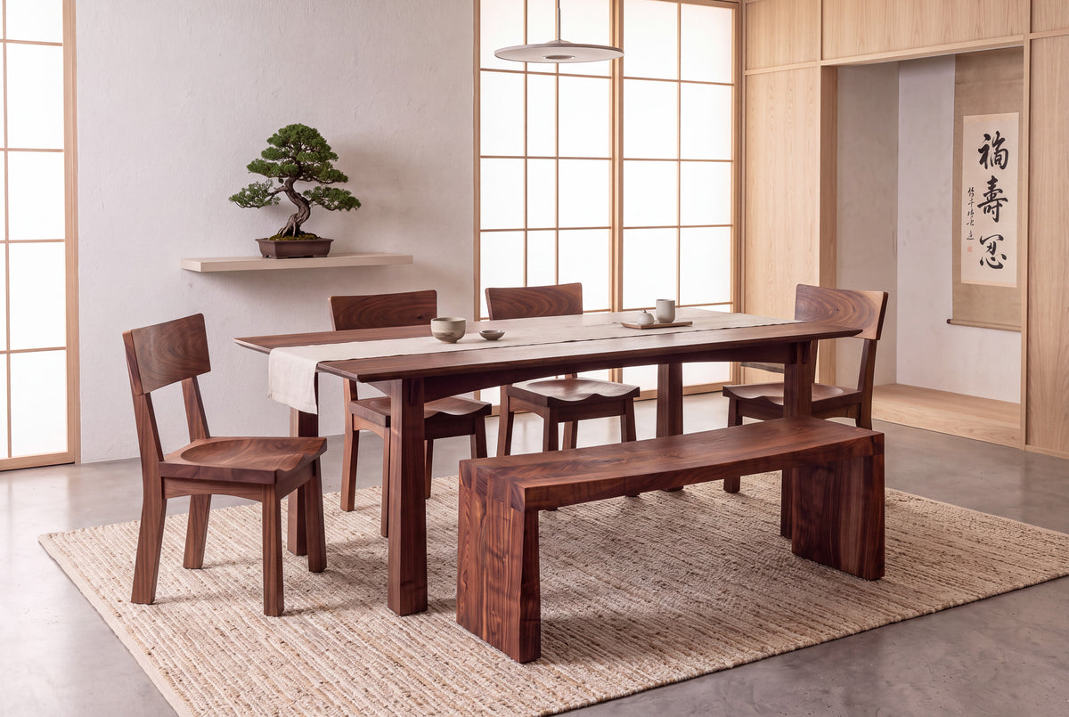 A minimalist dining room features the Solid Walnut Dining Table - Enso Collection | TY Fine Furniture with three chairs, a bench on a woven rug, bonsai on a floating shelf, plus shoji screens and calligraphy art in the background.