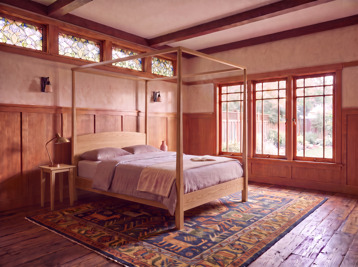A cozy bedroom features the Solid White Oak Pencil Post Canopy Bed from the Shaker Collection by TY Fine Furniture, centered on a patterned rug with wooden walls and large windows bathing the space in sunlight. Beside the solid white oak bed frame is a small bedside table topped with a lamp.