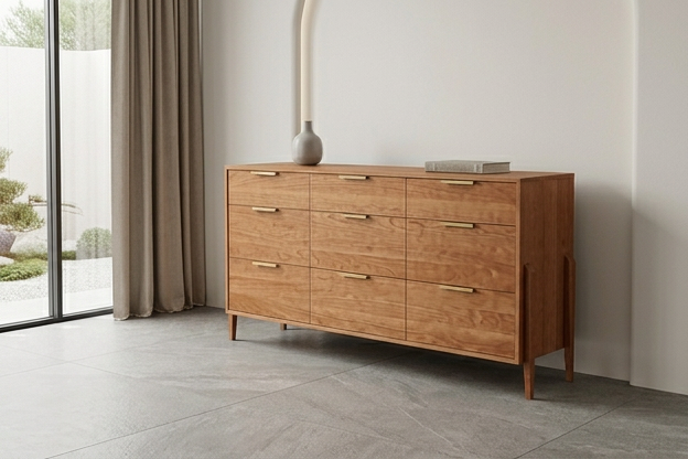 The Solid Cherry 9-Drawer Triple Bank Dresser from TY Fine Furniture’s Apollo Collection stands against a white wall in a minimalist room, showcasing its handcrafted solid cherry wood construction and elegant gold handles on nine spacious drawers. On top of the dresser rest a gray vase and a closed book, while large windows with beige curtains are visible to the left.