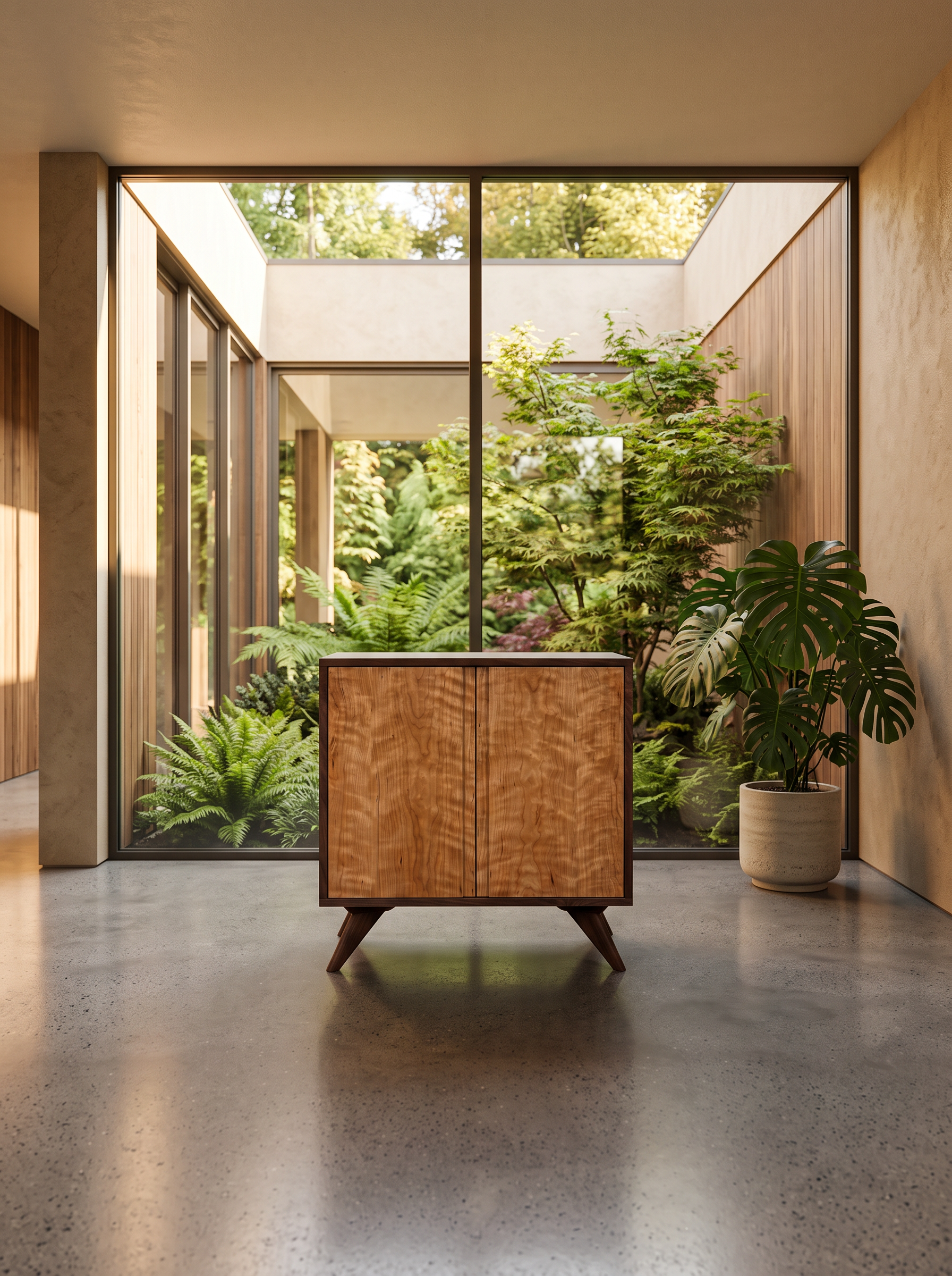 In a modern room with large glass windows overlooking a lush green garden, the Solid Cherry Accent Cabinet from the Modern Collection by T.Y. Fine Furniture sits elegantly on a polished concrete floor, while a potted plant decorates the right side of the space.