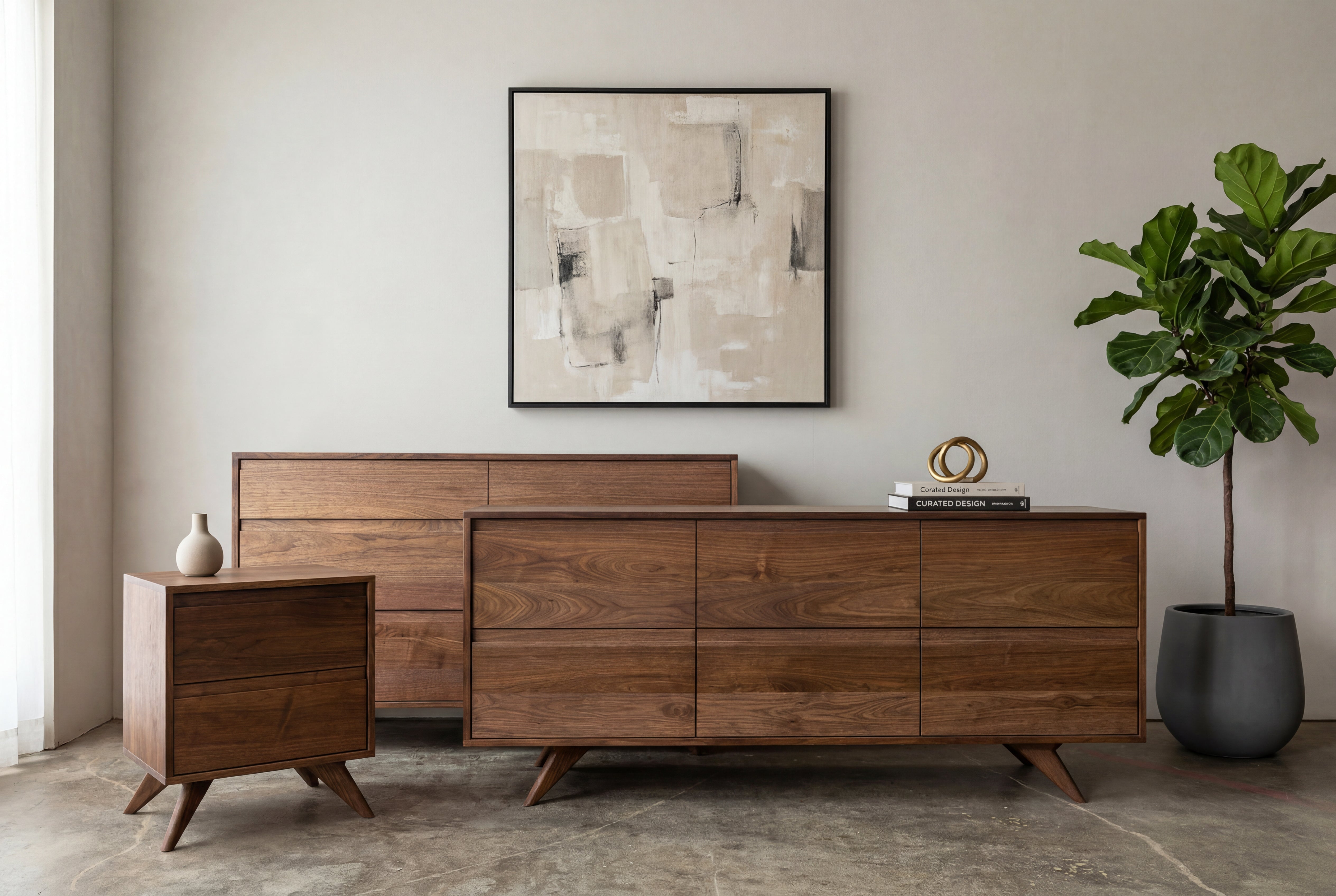 A modern room features the Solid Cherry 6-Drawer Double Bank Dresser from TY Fine Furniture’s Modern Collection, crafted from solid wood. A small side table, abstract art on the wall, a potted plant, and decorative items adorn the space. The room has a concrete floor and light-colored walls.