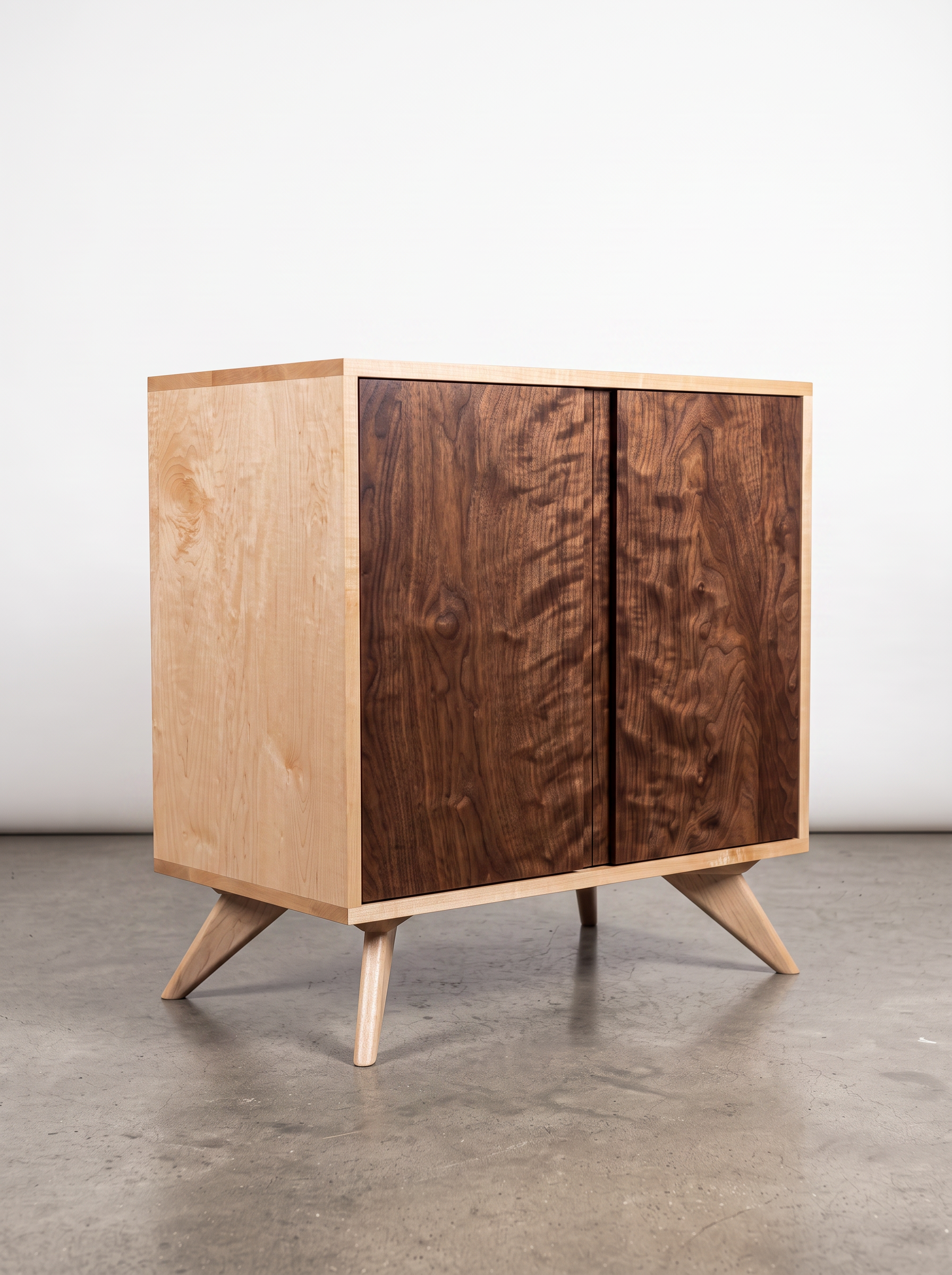 A tall storage cabinet from T.Y. Fine Furniture’s Modern Collection stands on a concrete floor against a plain white background, featuring light-colored sides and legs with two doors available in solid curly cherry, maple, or walnut. Effortlessly blending timeless design with contemporary appeal, this cabinet showcases expert craftsmanship and striking wood grain accents.