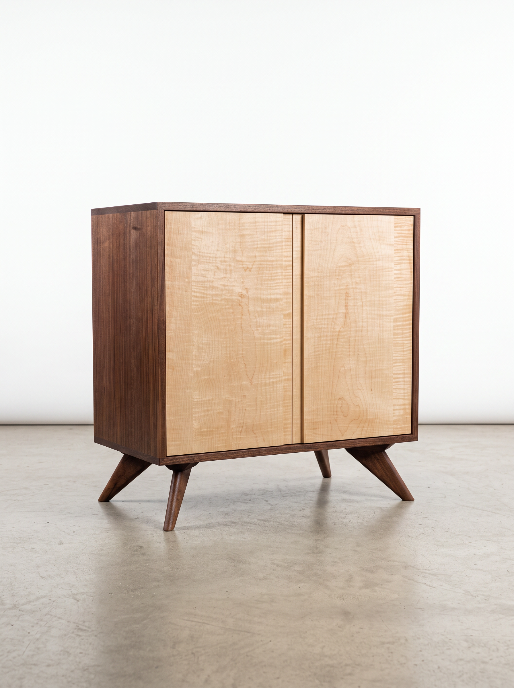 A tall storage cabinet from T.Y. Fine Furniture’s Modern Collection stands on angled legs in true mid-century style, featuring solid curly cherry, maple, or walnut doors contrasted by a darker frame. The cabinet is set on a plain concrete floor with a white background.