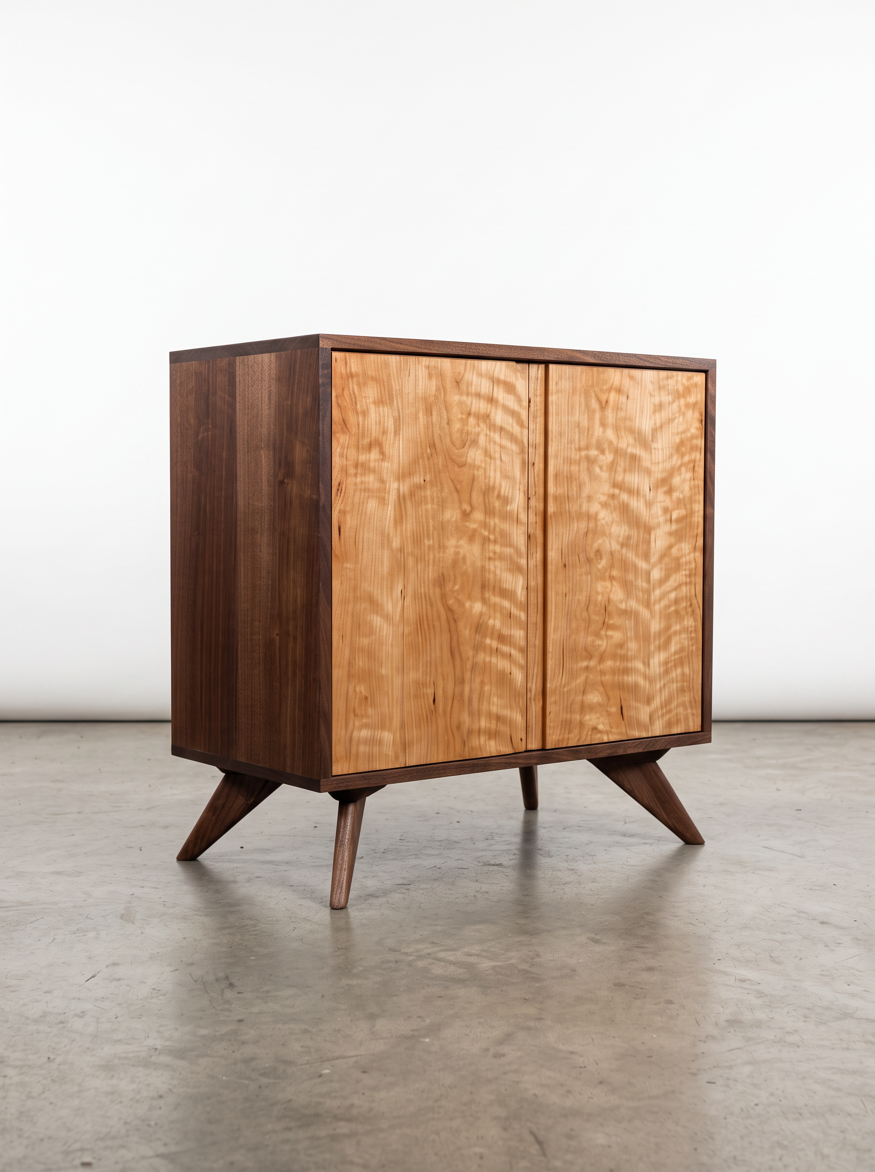 The Solid Curly Cherry, Maple, or Walnut Door Option Tall Storage Cabinet from T.Y. Fine Furniture’s Modern Collection features light-textured doors in your choice of solid cherry, maple, or walnut set against darker sides. Standing on four angled legs and crafted from solid wood, this mid-century-inspired cabinet combines elegance and functionality. Shown on a smooth concrete floor with a plain white background, it makes a sophisticated addition to any space.