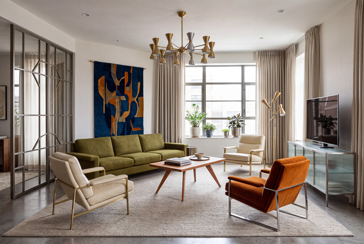 A modern living room featuring an olive-green sofa, two cream armchairs, and one orange chair surrounds a stunning Solid Cherry Square Coffee Table from the Essentials Collection by TY Fine Furniture as the centerpiece. Large windows with light curtains fill the space with natural light, highlighting abstract wall art, indoor plants, and a modern chandelier. A TV sits on a glass stand.