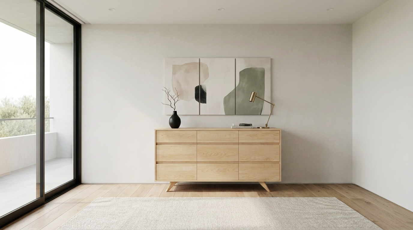 A minimalist room featuring the TY Fine Furniture Solid Maple 9-Drawer Triple Bank Dresser from the Modern Collection, abstract art on the wall, a black vase with twigs, a gold desk lamp, and a large window that fills the space with natural light.