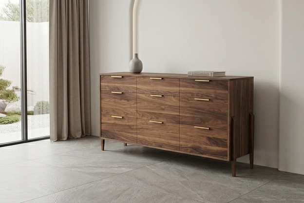 The Solid Walnut 9-Drawer Triple Bank Dresser from TY Fine Furniture’s Apollo Collection, featuring brass handles, is showcased on gray tile flooring beside a window with beige curtains; topped with a gray vase and a book, this piece brings timeless mid-century modern appeal to the space.
