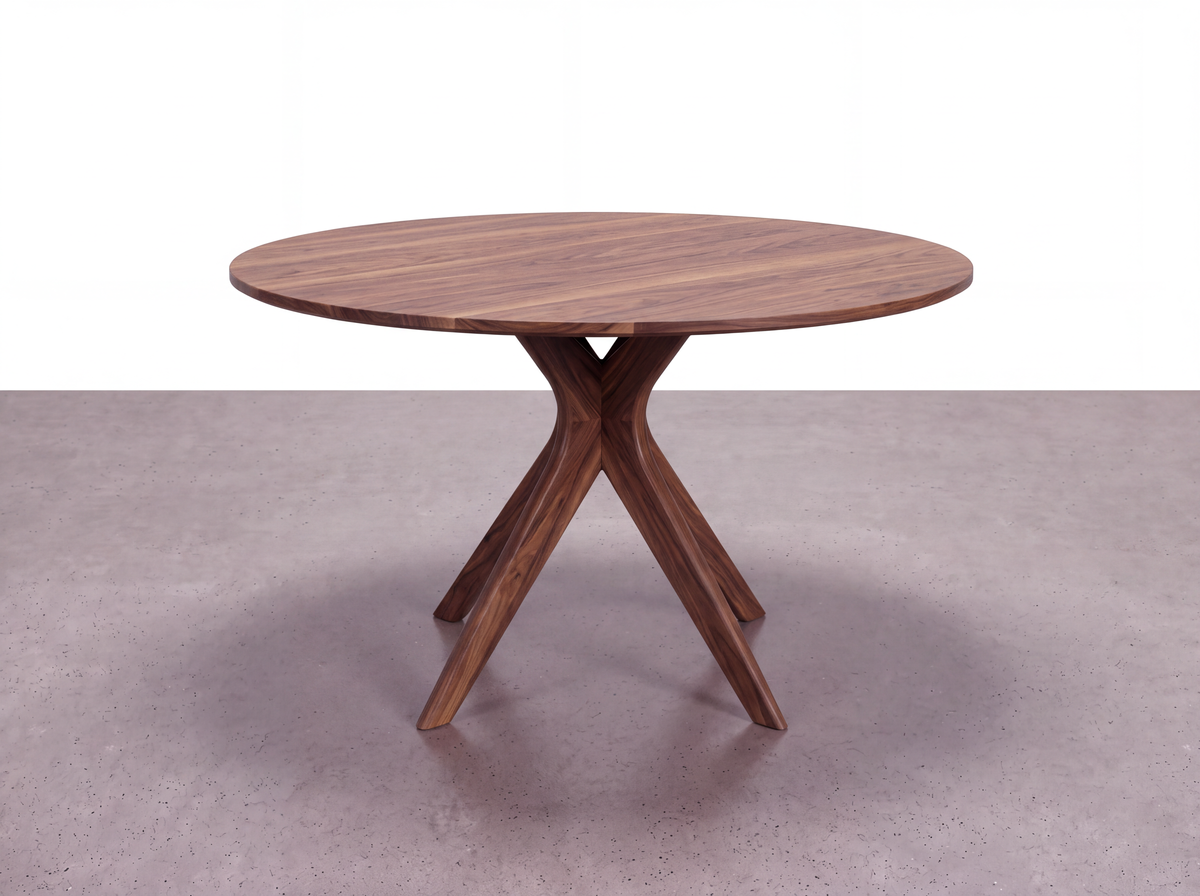 Expertly artisan-crafted from solid walnut, the Strata Collection Solid Walnut Round Dining Table by TY Fine Furniture features a smooth surface and intersecting angled legs. Shown perfectly placed on a grey speckled floor against a white background.