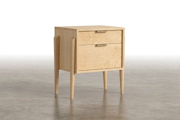 Introducing the Apollo Cube Side Table in Cherry from TY Fine Furniture—a solid hardwood piece handcrafted in Columbus, OH. Featuring two spacious drawers with simple metal handles and slim, tapered legs, this side table embodies the timeless appeal of mid-century modern design. Shown here on a plain concrete floor against a white background, its understated elegance elevates any space.