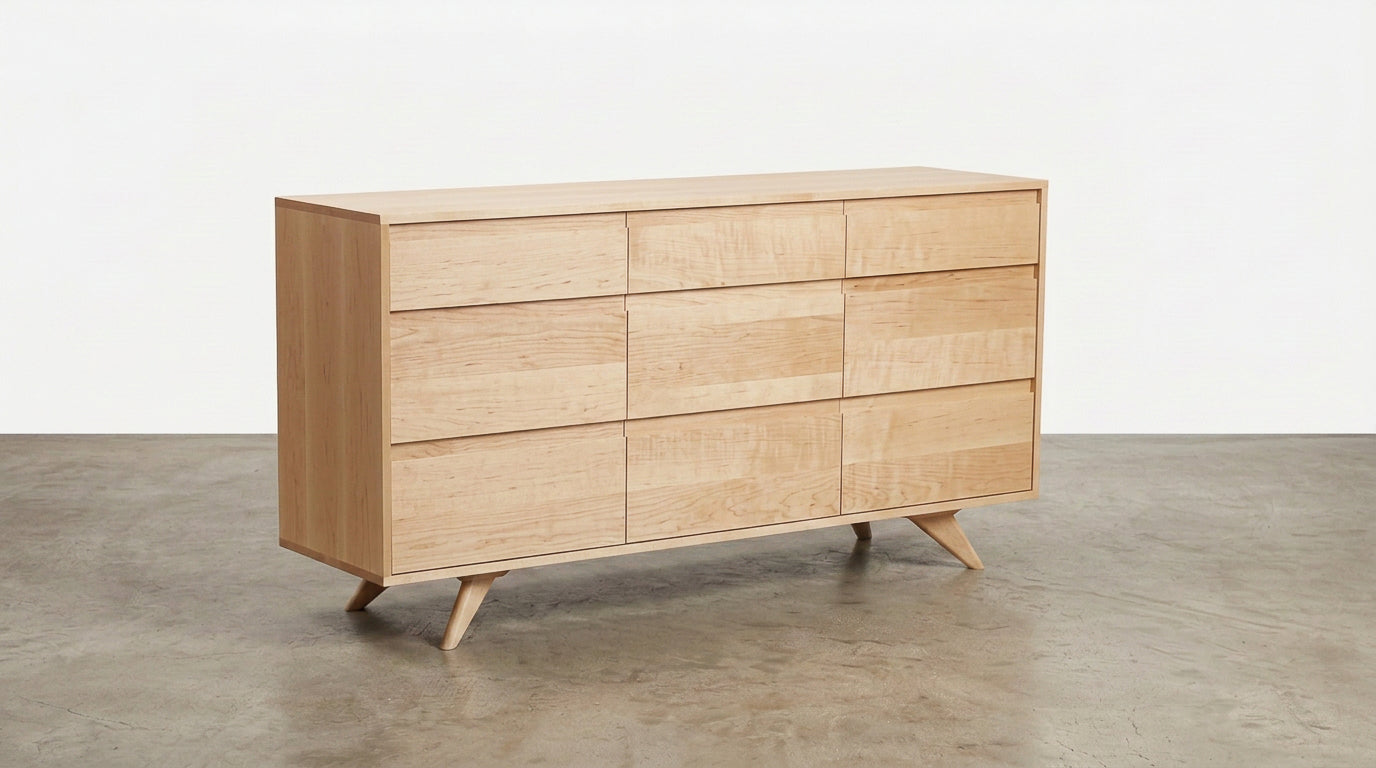 A Solid Maple 9-Drawer Triple Bank Dresser from TY Fine Furniture’s Modern Collection, featuring a light solid wood build and angled legs, stands on a smooth concrete floor against a plain white background.