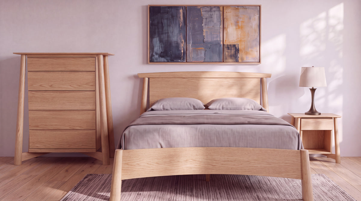 A Sunrise Platform Bed - White Oak set featuring a matching dresser, nightstand with lamp, and an abstract triptych painting on the wall above the bed.