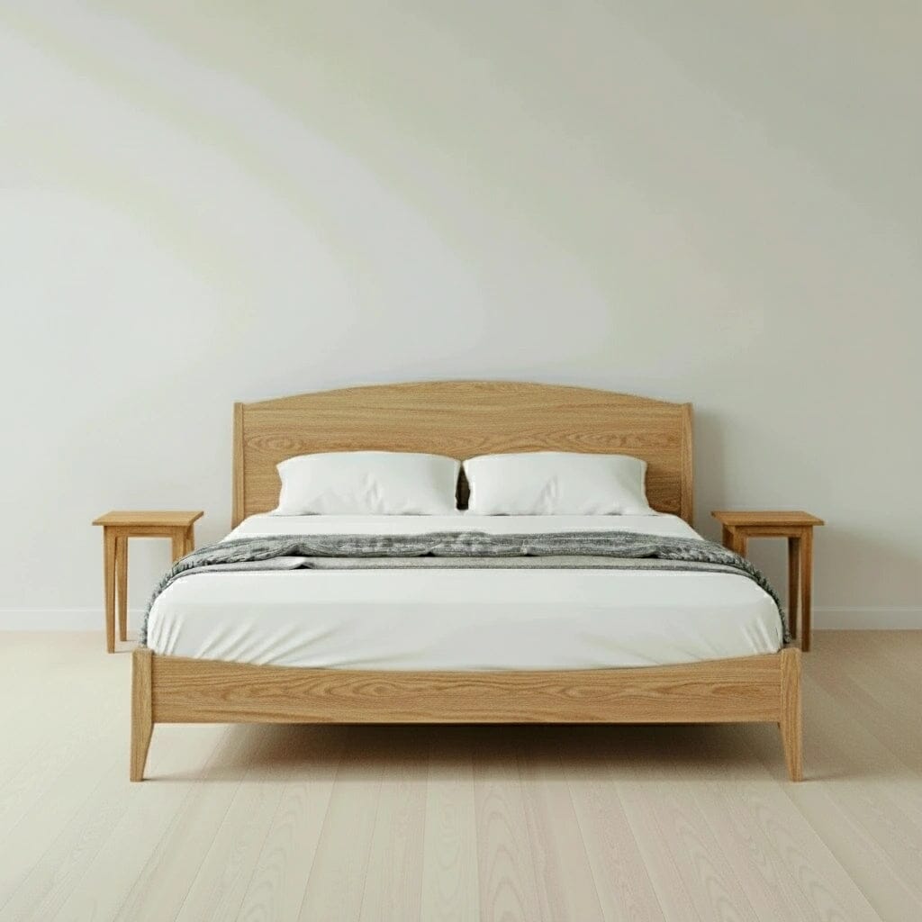 A minimalist bedroom showcases the T.Y. Fine Furniture Shaker Platform Bed – Solid Wood Bed Frame in White Oak with white bedding and two pillows, paired with matching wooden nightstands against a light wall and floor.