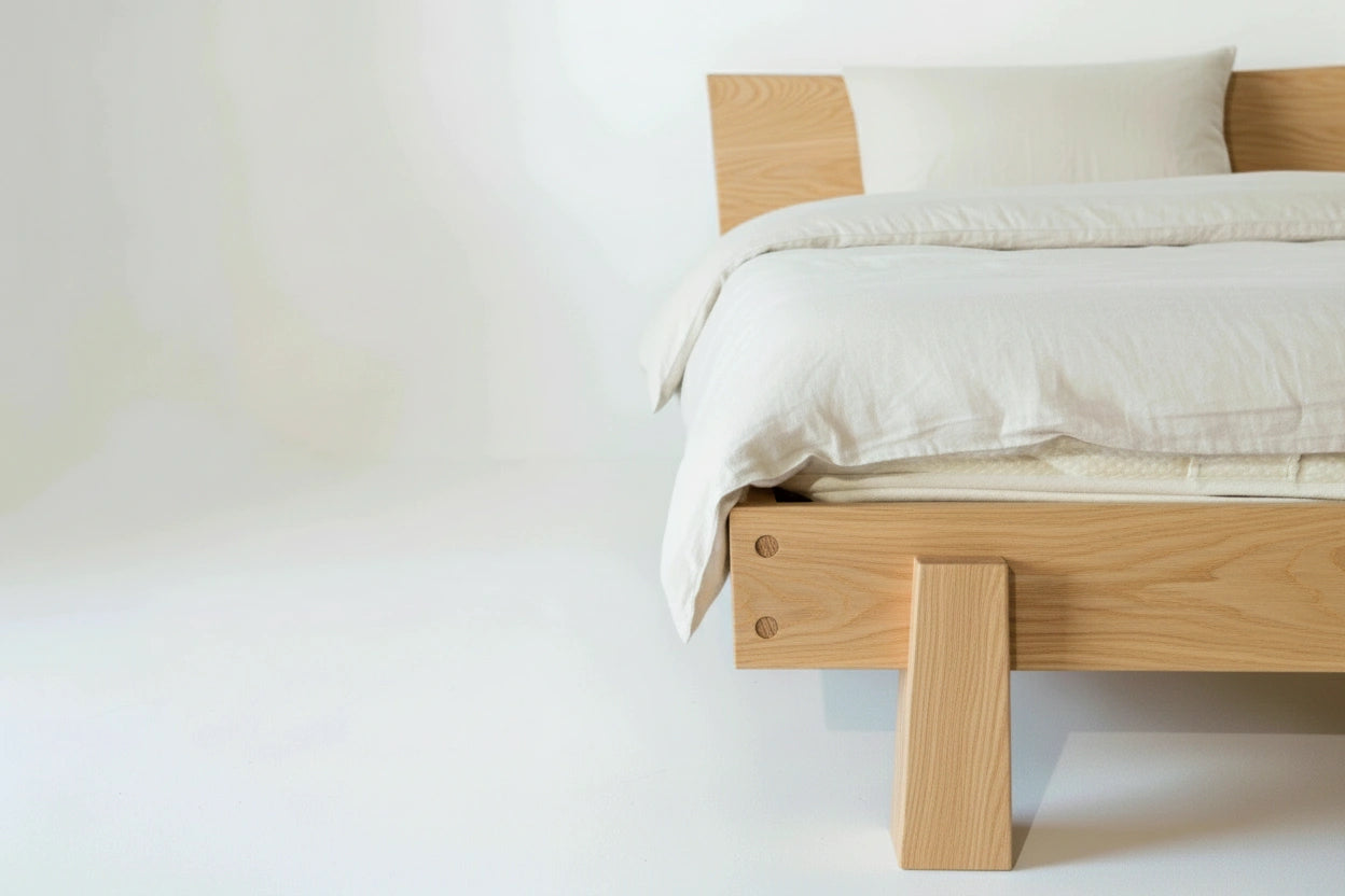 Close-up of the Horizon Platform Bed in White Oak. Bed frame is made in USA using natural hardwood.