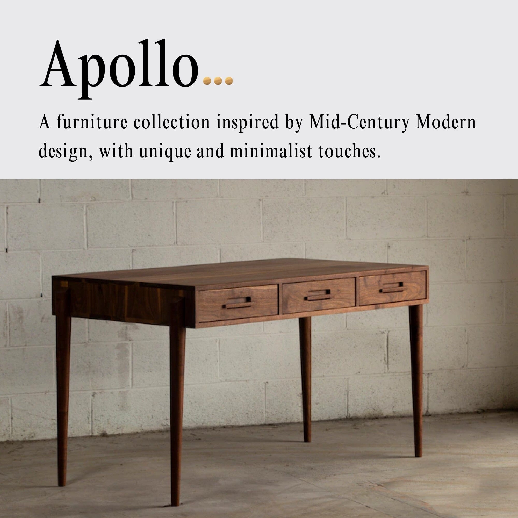 A handcrafted Apollo Solid Wood Desk by TY Fine Furniture, made in Columbus, Ohio, stands against a light concrete wall. Above, text reads: Apollo... A Mid-Century Modern-inspired collection with unique minimalist style—ideal for home offices.