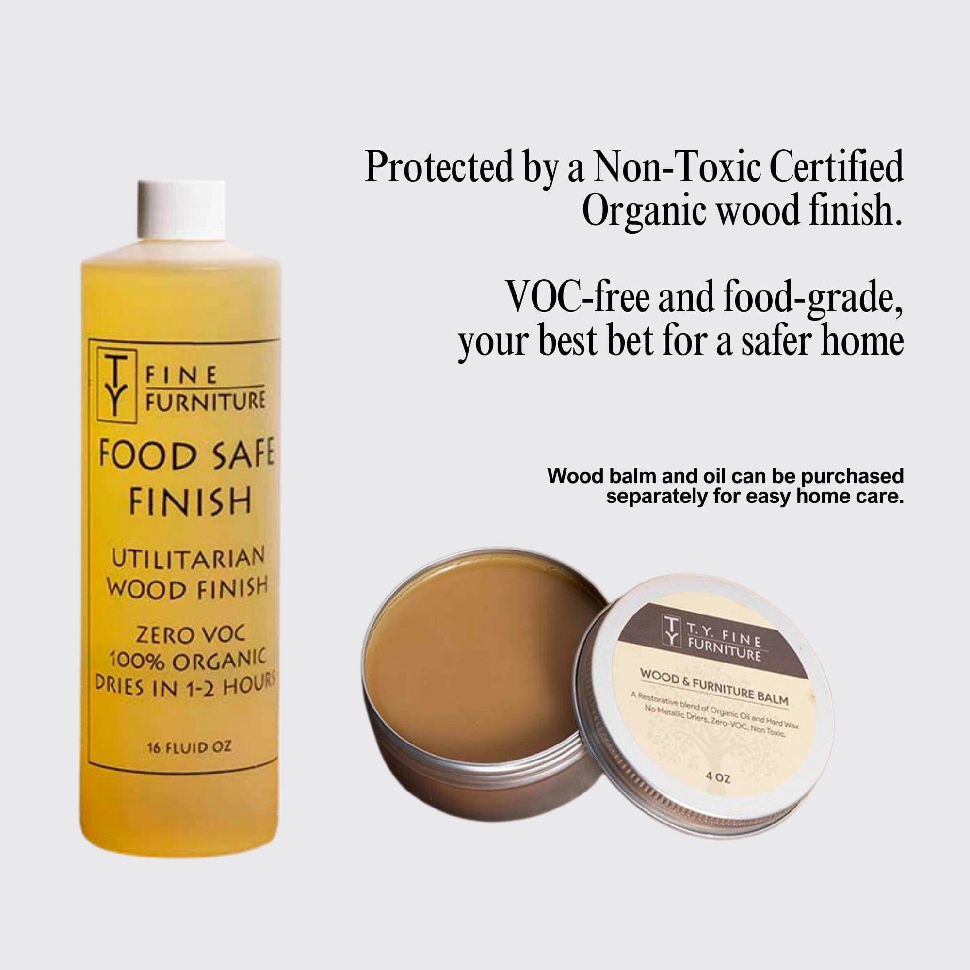 A bottle of food-safe, organic wood finish and an open tin of wood balm are shown. TY Fine Furniture describes them as non-toxic, VOC-free, and perfect for maintaining your Apollo Solid Wood Executive Desk—handcrafted in Columbus, Ohio.