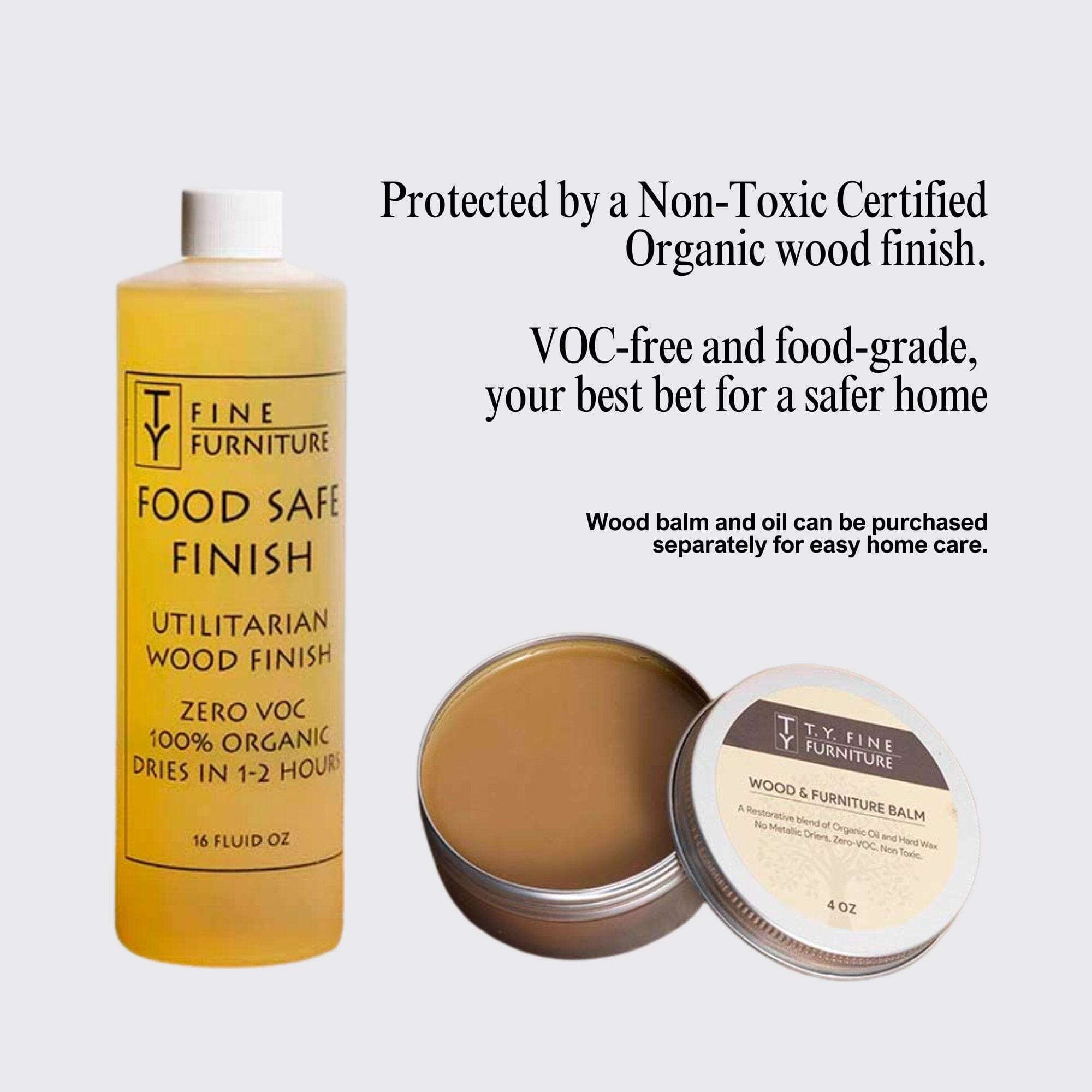 A bottle of food-safe wood finish and an open tin of wood balm are shown beside the Strata Glass-Top Dining Table by TY Fine Furniture, both non-toxic, organic, zero VOC, and food-grade—perfect for treating your solid wood frame safely at home.