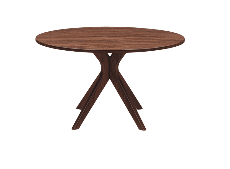 The TY Fine Furniture Strata Round Dining Table - Solid Wood | Columbus features a smooth solid wood surface and three interlocking, angled legs, displayed against a plain white background.