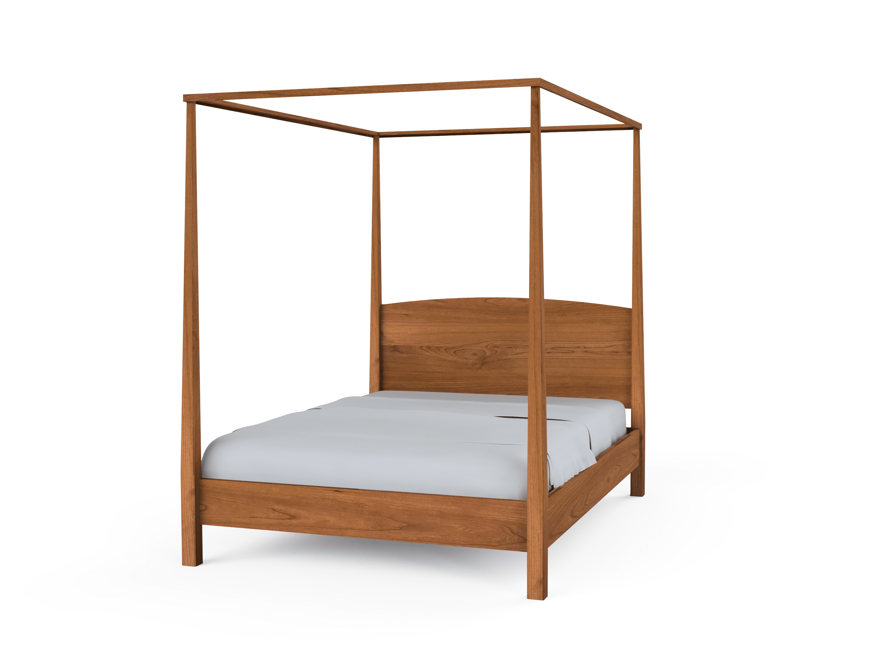 The Shaker Pencil Post Bed by TY Fine Furniture is a classic solid wood bed frame with a headboard, displayed with crisp white bedding and mattress, isolated on a white background.