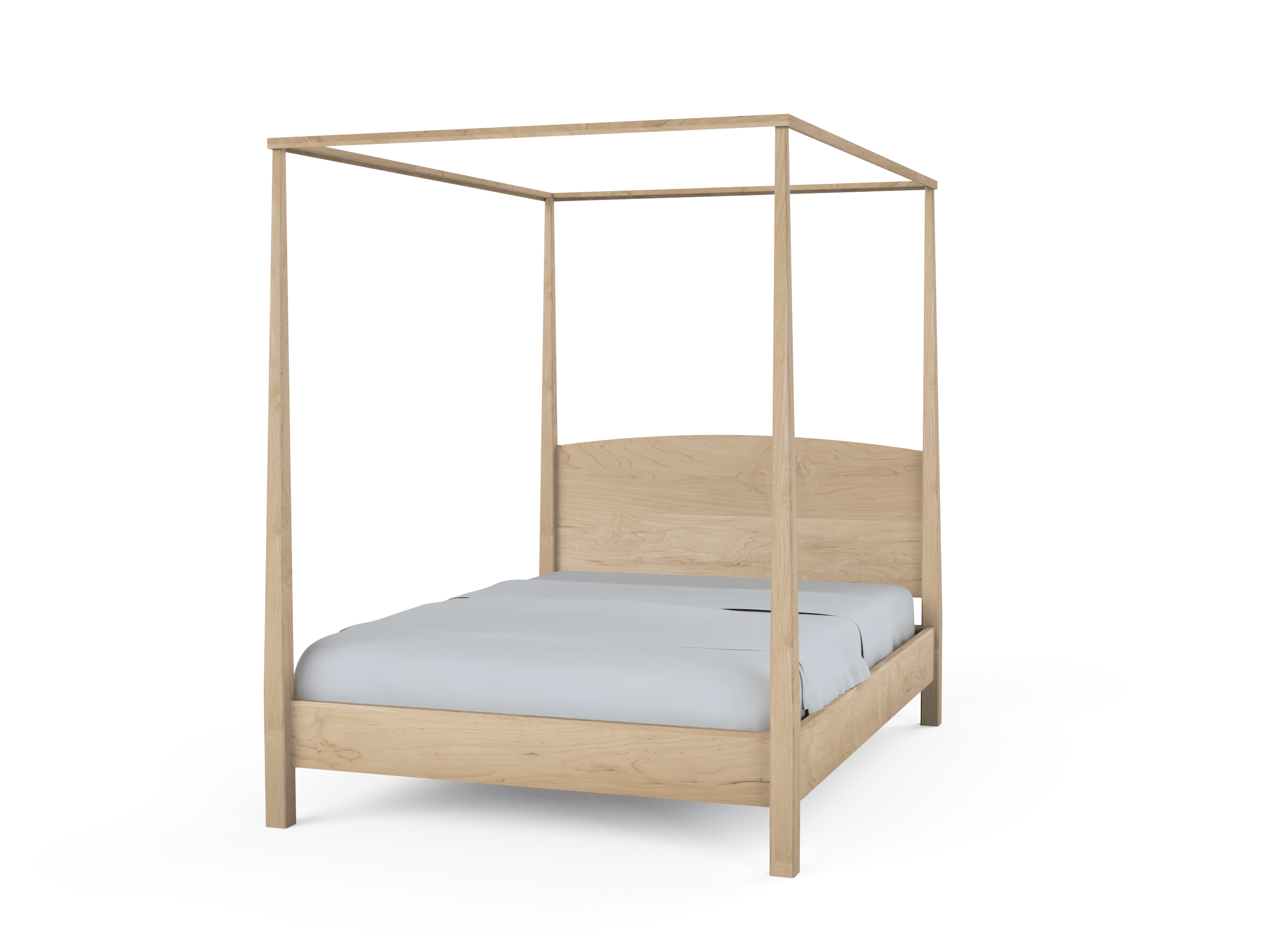 The TY Fine Furniture Shaker Pencil Post Bed - Classic Solid Wood Bed Frame has tall corner posts, a rectangular canopy, and a light natural finish. Shown with light blue bedding against a plain white background.