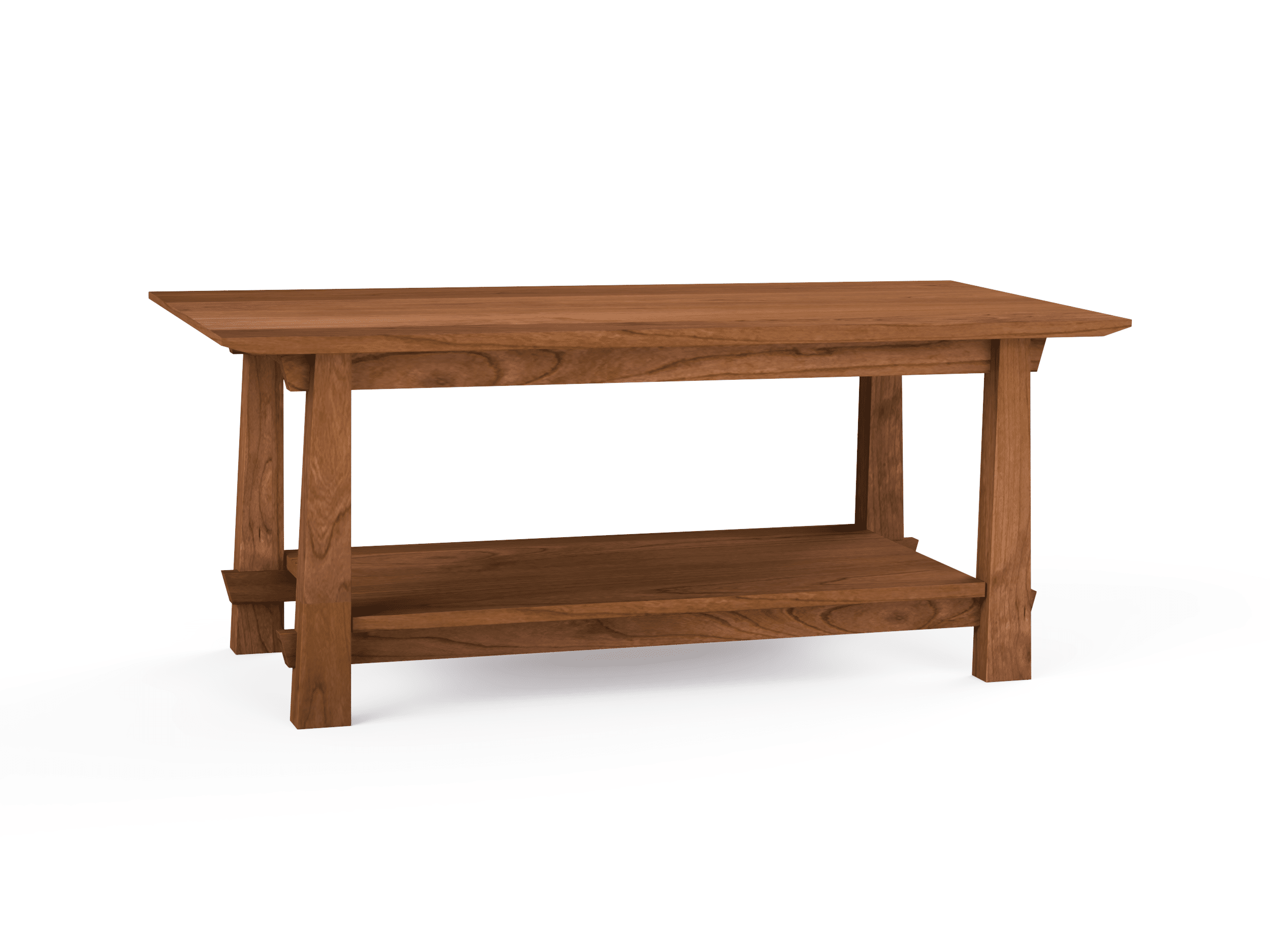 The Horizon Coffee Table by TY Fine Furniture is a solid wood, handmade, rectangular table with a flat top, open lower shelf, straight legs, and an organic natural cherry finish that suits contemporary decor.