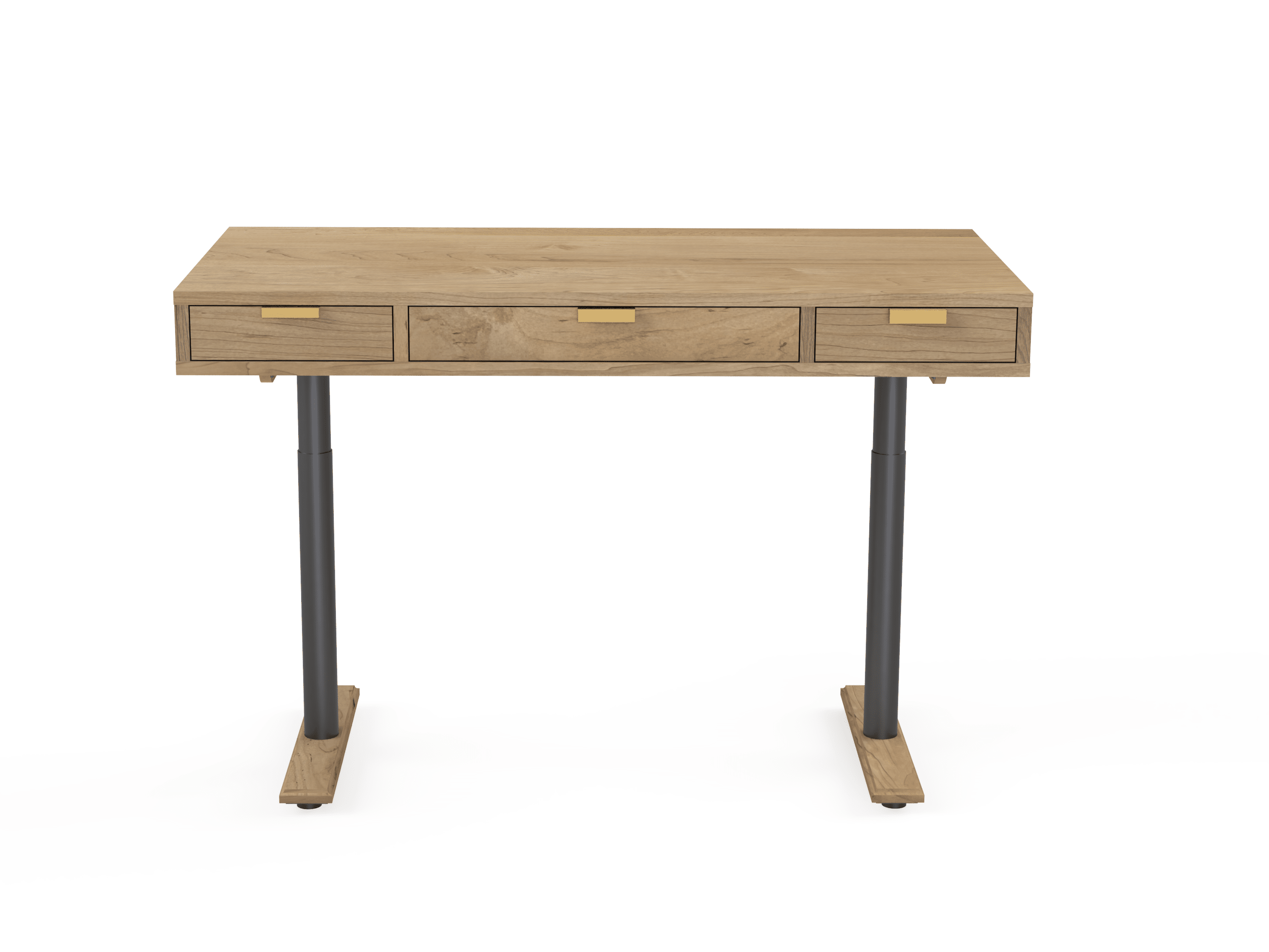 The Apollo Solid Wood Sit Stand Desk by TY Fine Furniture features three drawers with gold handles, black metal legs with wooden feet, and a Mid-Century Modern design. Crafted from solid wood, it's pictured against a white background.