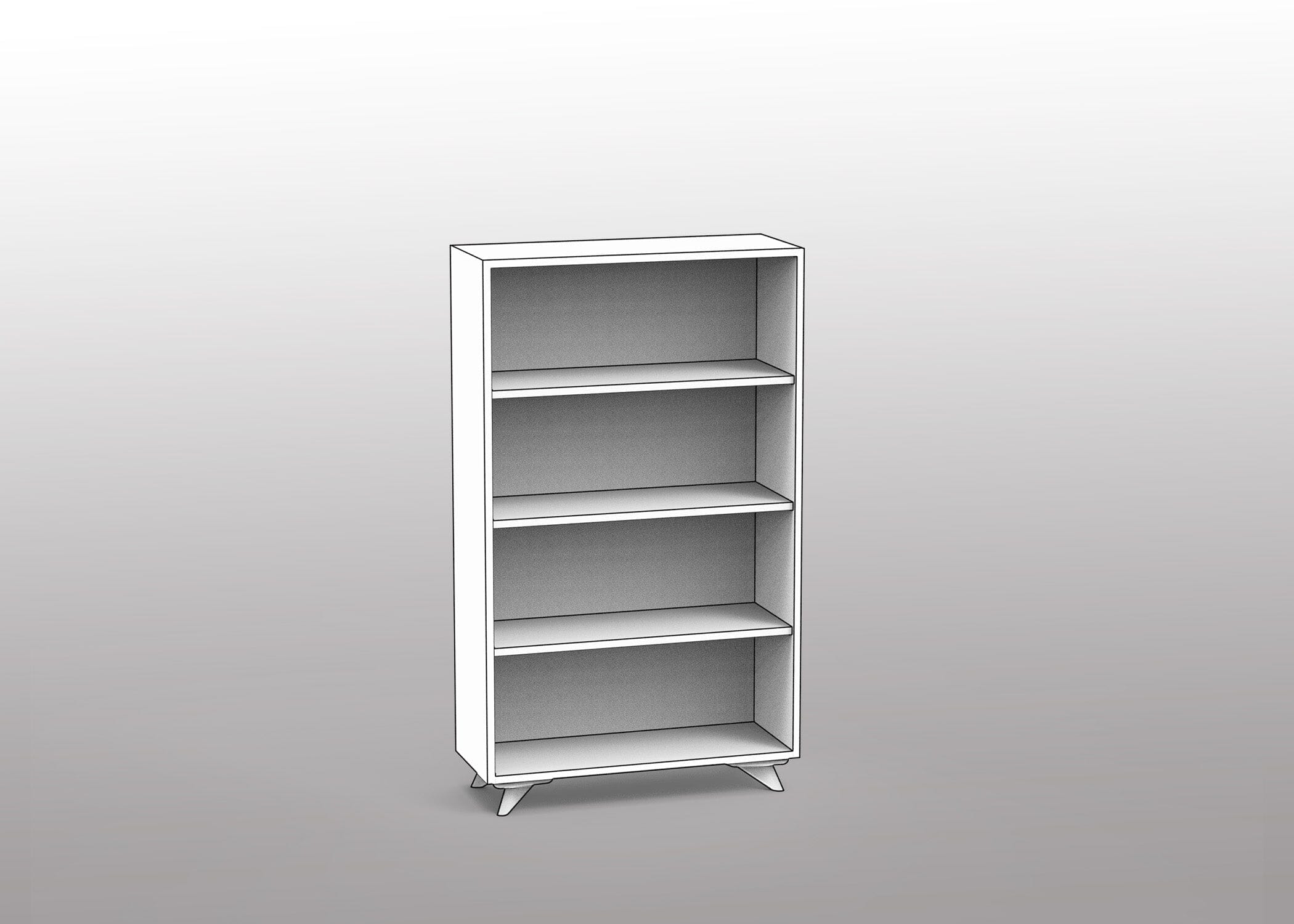 The Custom Modern Dresser 2×3 - Option 12 by T.Y. Fine Furniture features a simple, white, rectangular design with four 12-inch-deep shelves and short angled legs, shown on a light gray gradient background.