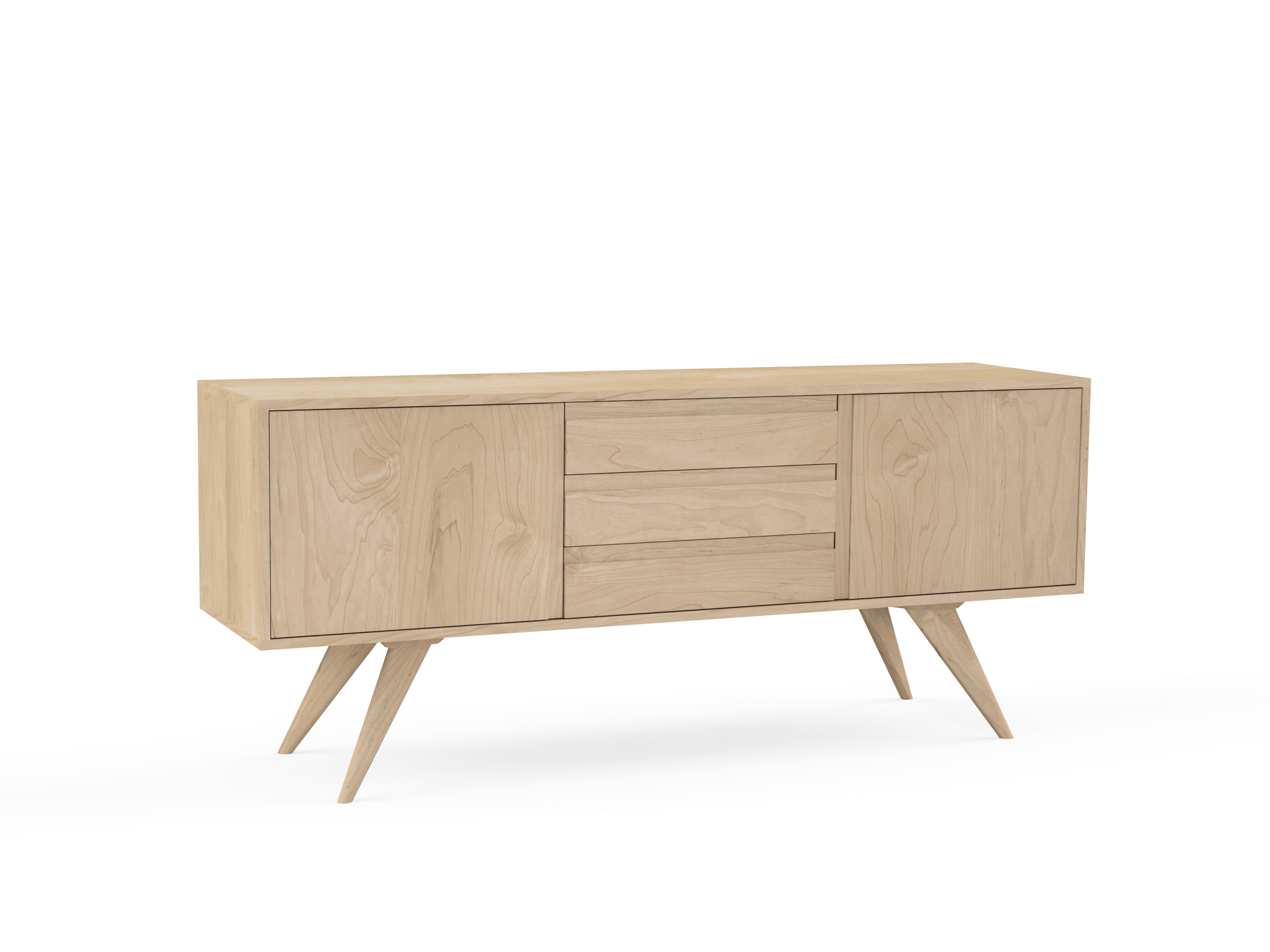 The Columbus Modern Credenza & Buffet by TY Fine Furniture features solid wood in a light finish, angled legs, two side doors, and three central drawers, blending Mid-Century Modern charm with ample storage. Displayed on a white background.