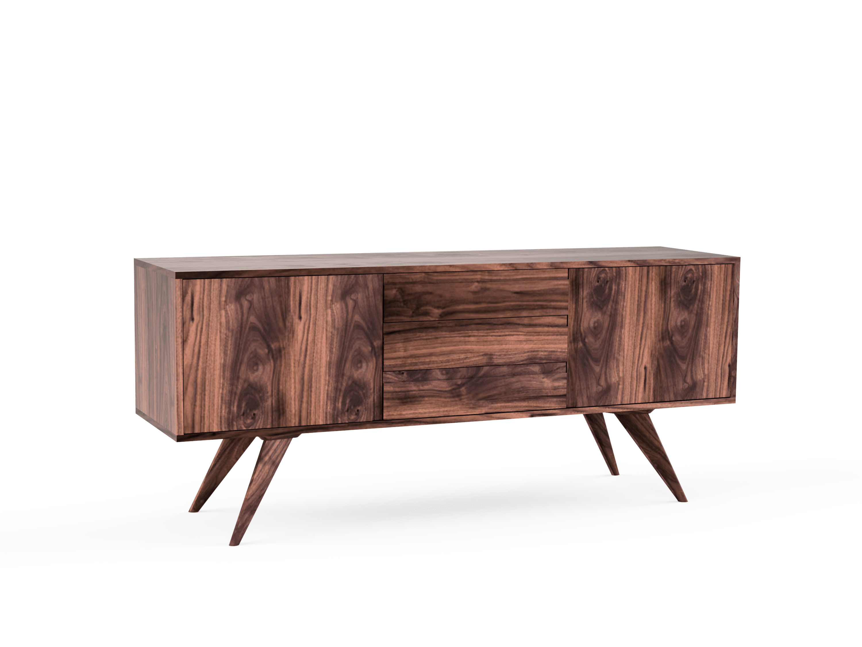 The Modern Credenza & Buffet - Solid Wood | Columbus by TY Fine Furniture showcases angled legs, a dark wood grain finish, and three doors for minimalist storage, all set beautifully against a plain white background.