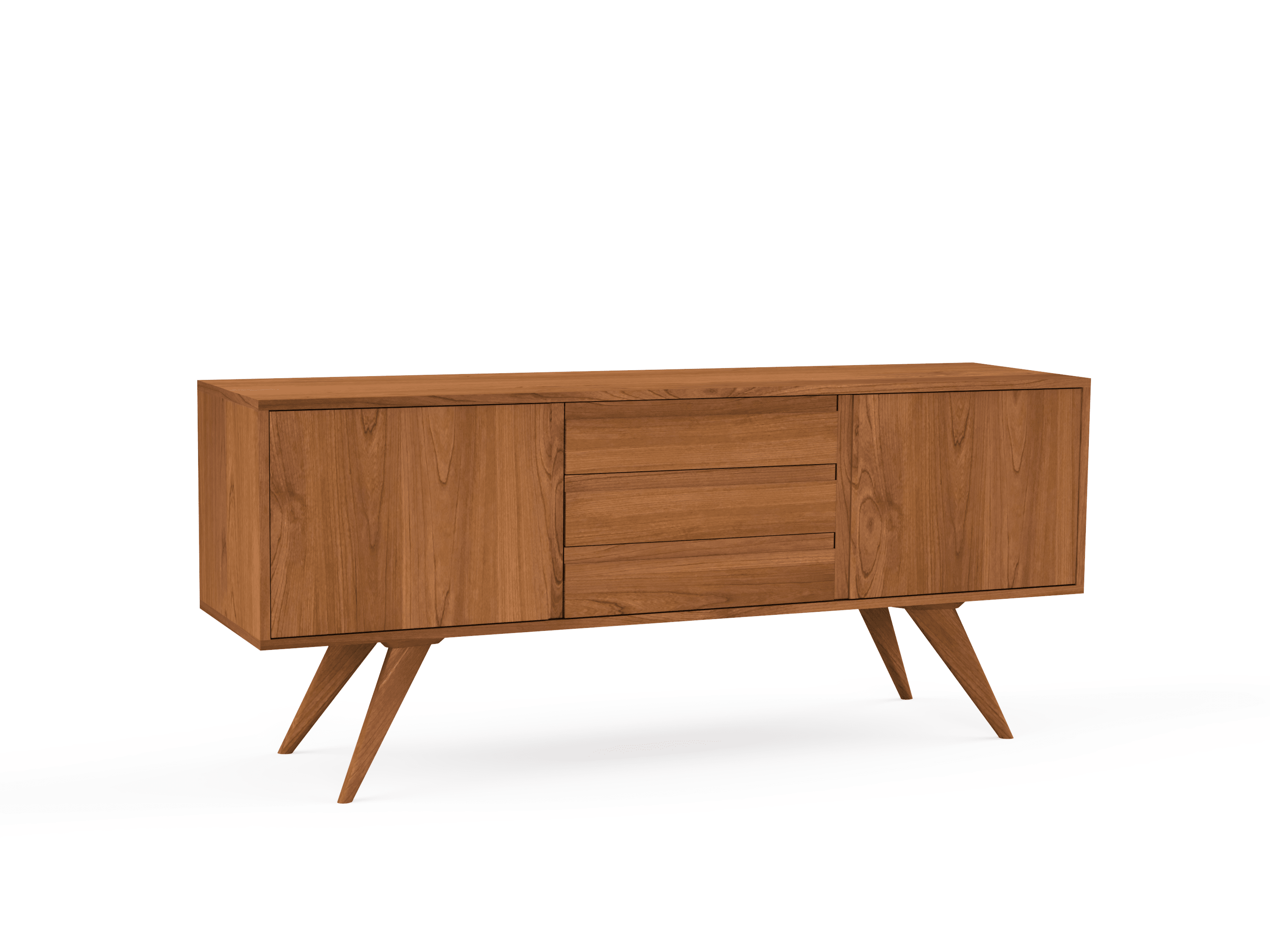 The Columbus Modern Credenza & Buffet by TY Fine Furniture features solid wood construction, two side doors, three central drawers, angled legs, and a smooth natural finish for stylish Mid-Century storage.