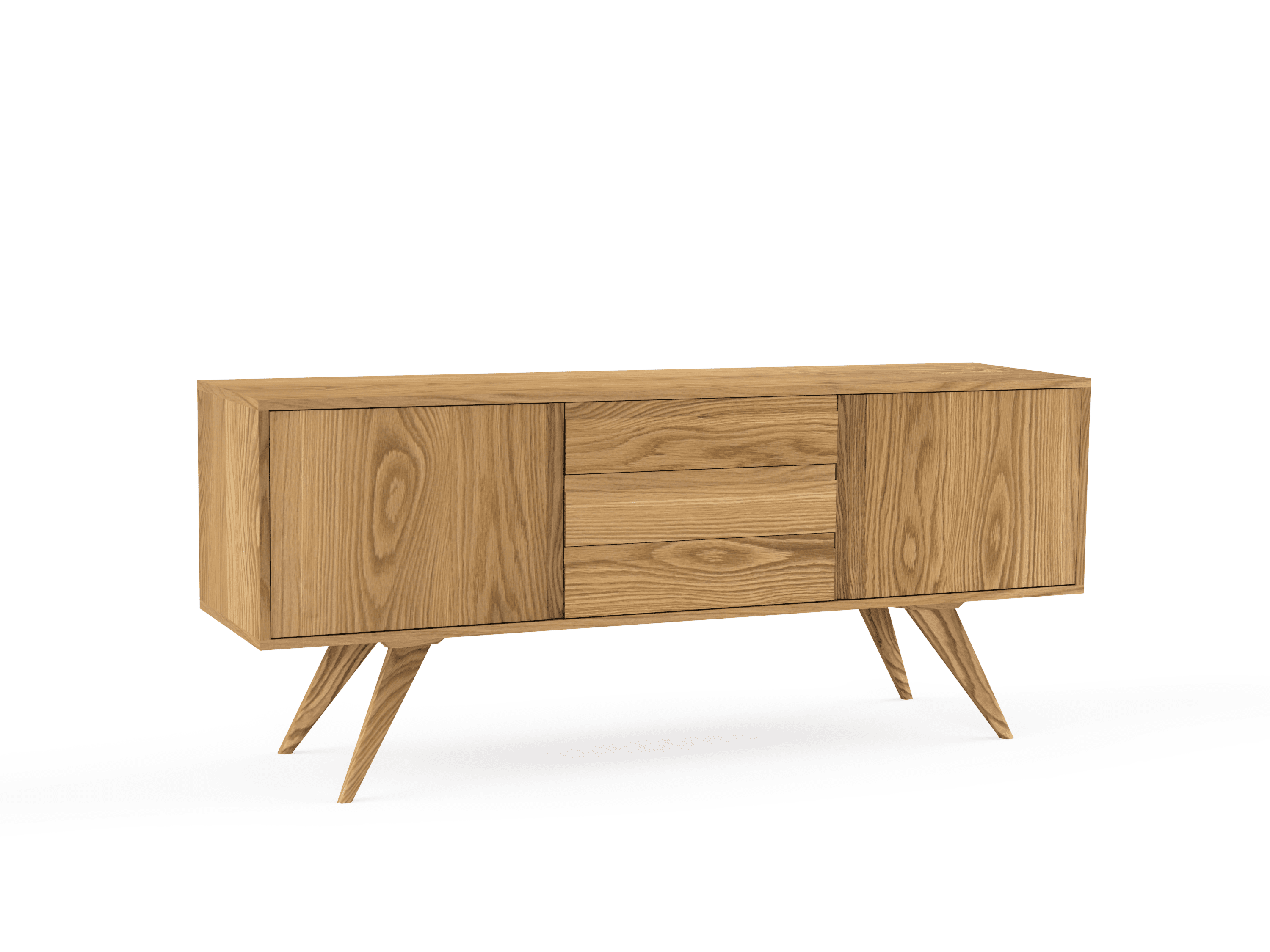 The Modern Credenza & Buffet - Solid Wood | Columbus by TY Fine Furniture offers a handcrafted Mid-Century design, natural finish, three drawers, two side cabinets, and angled legs for timeless solid wood storage.
