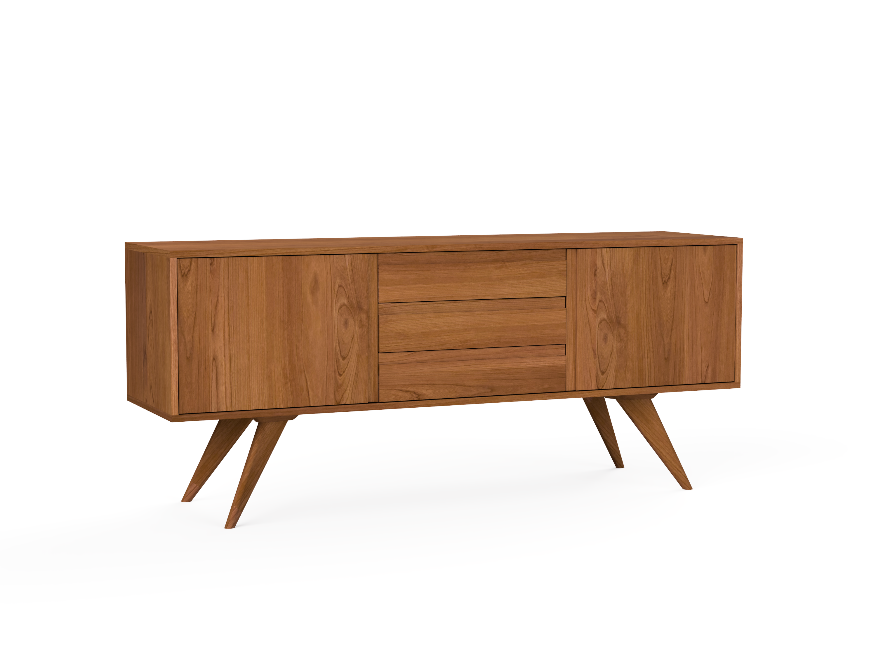 The TY Fine Furniture Modern Credenza, Buffet features solid wood, a natural finish, angled legs, two side cabinets, and three central drawers, all in a sleek mid-century modern design against a white background.