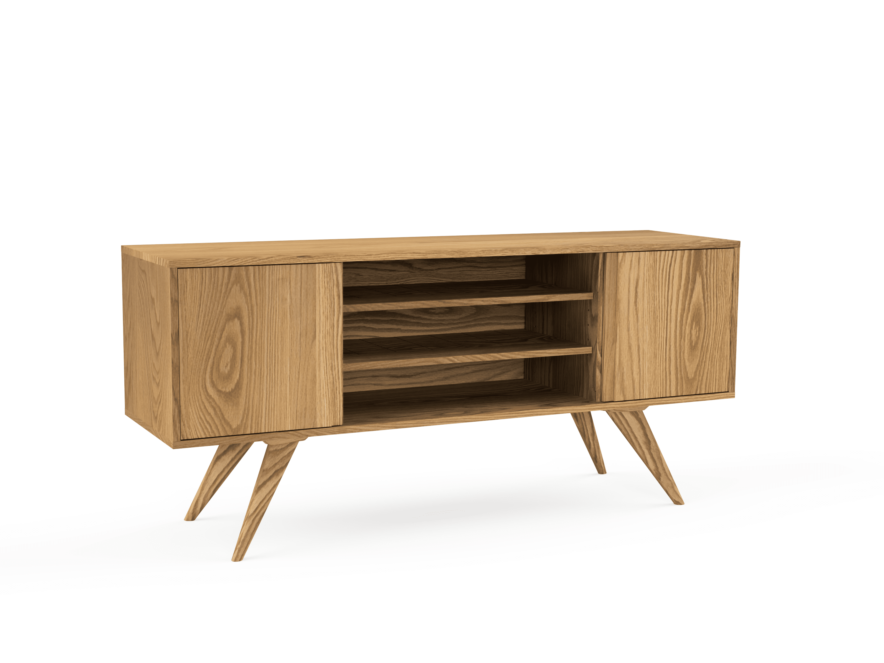 The Modern Entertainment Console - Solid Wood by TY Fine Furniture features angled legs, two end cabinets, and three open center shelves—ideal for stylish living room storage against a plain white background.
