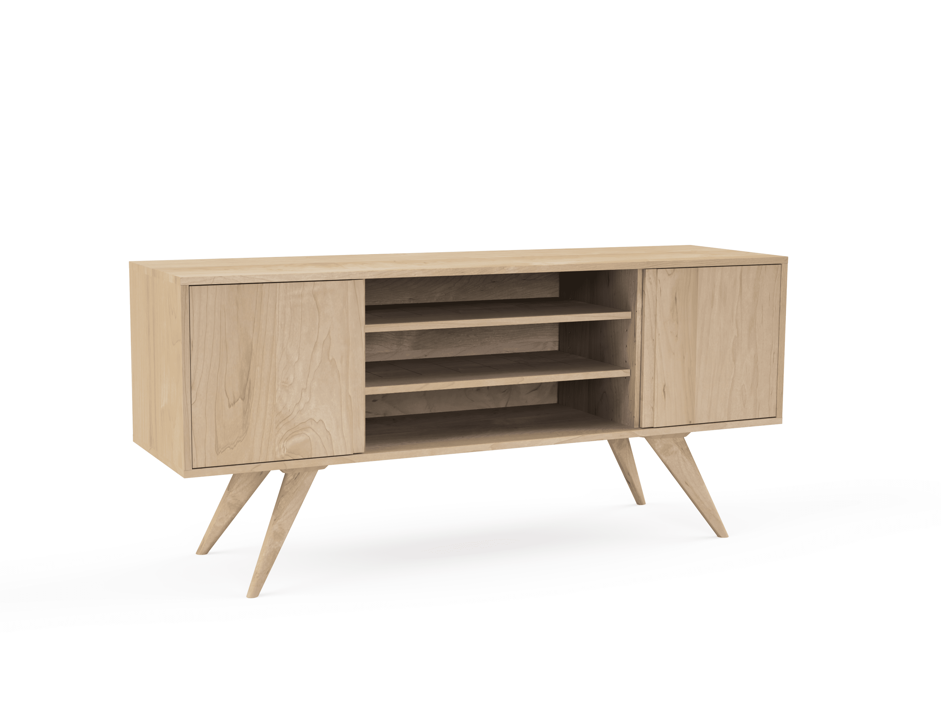 The Modern Entertainment Console - Solid Wood by TY Fine Furniture features angled legs, two closed side cabinets, and three central open shelves, providing stylish living room storage against a white background.