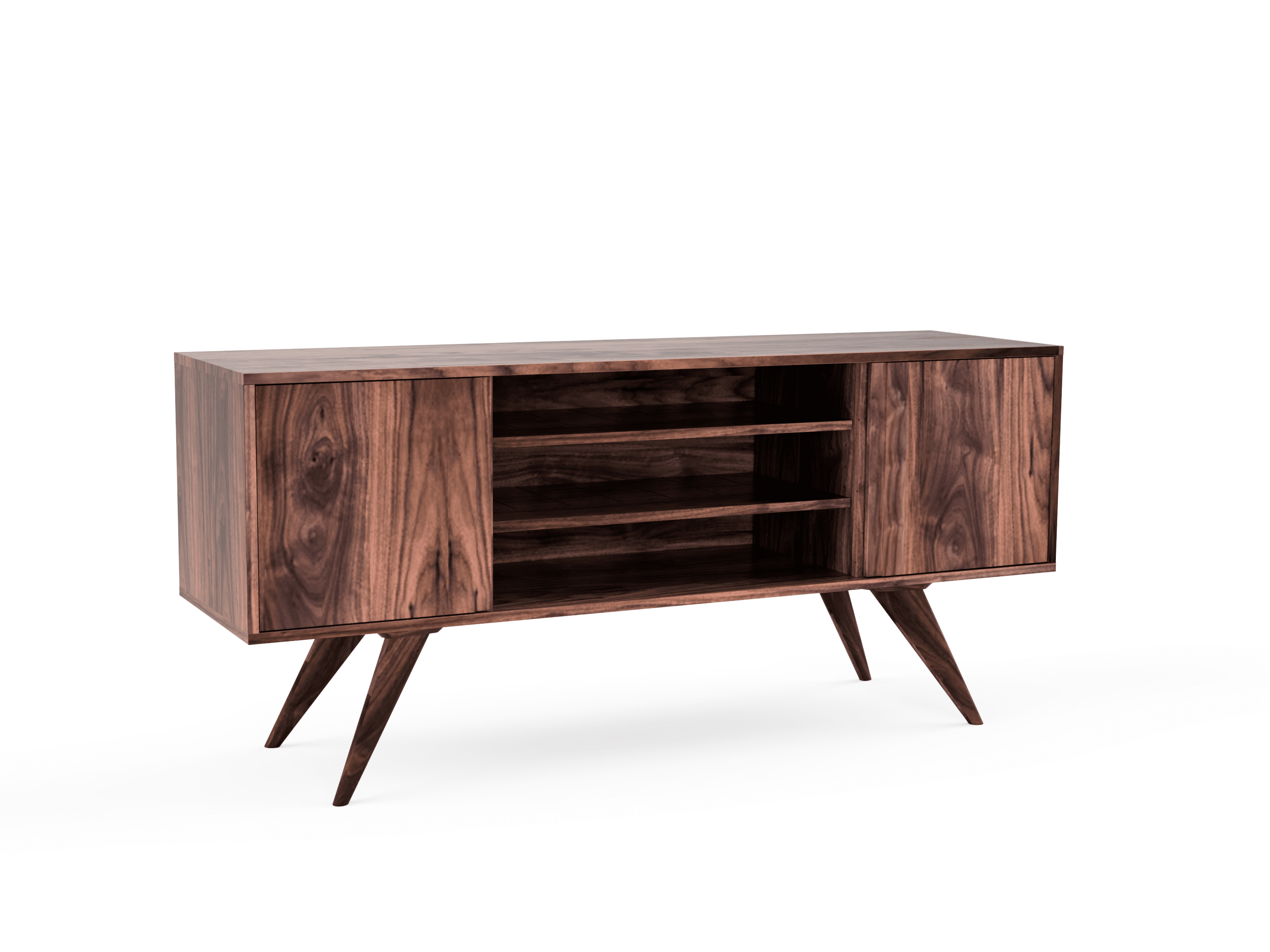 The TY Fine Furniture Modern Entertainment Console - Solid Wood | OH features angled legs, two side cabinets, and three open center shelves—ideal for stylish living room storage against a white background.
