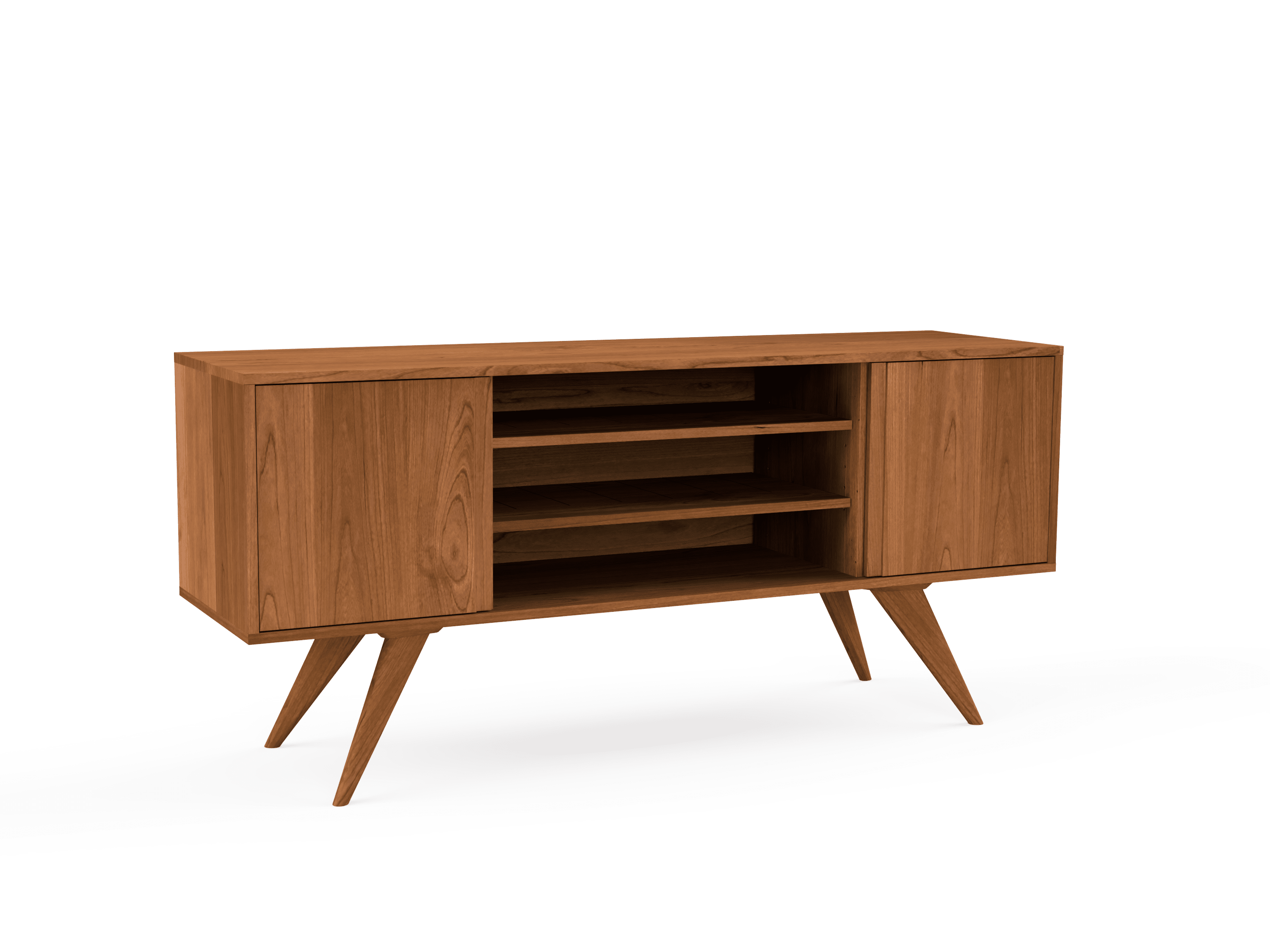 The Modern Entertainment Console - Solid Wood by TY Fine Furniture features angled legs, two closed cabinets, and three open central shelves for stylish living room storage.