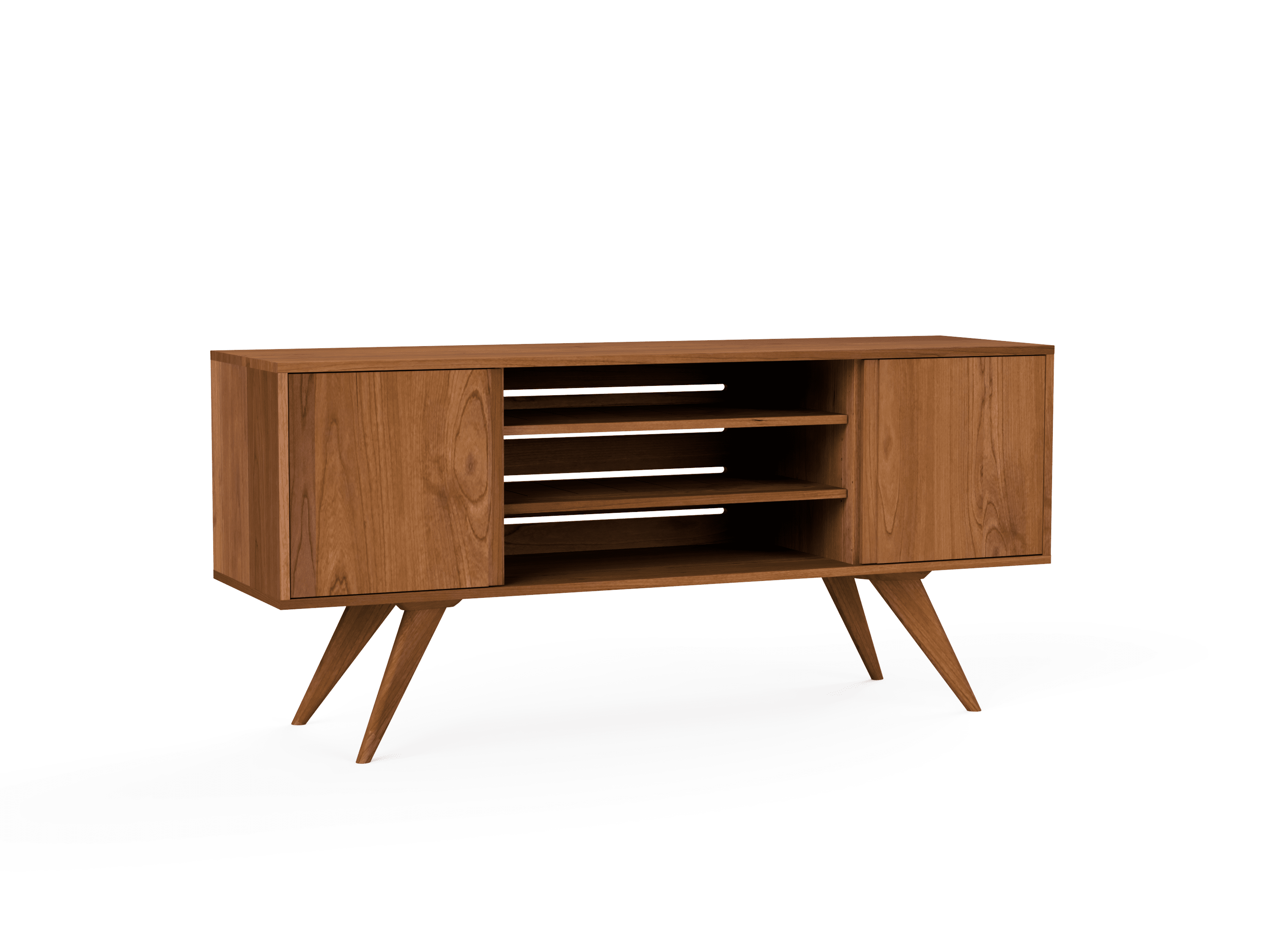 The Modern Entertainment Console - Solid Wood by TY Fine Furniture features angled legs, two closed side cabinets, and three open center shelves in a warm brown finish for stylish mid-century modern living room storage.