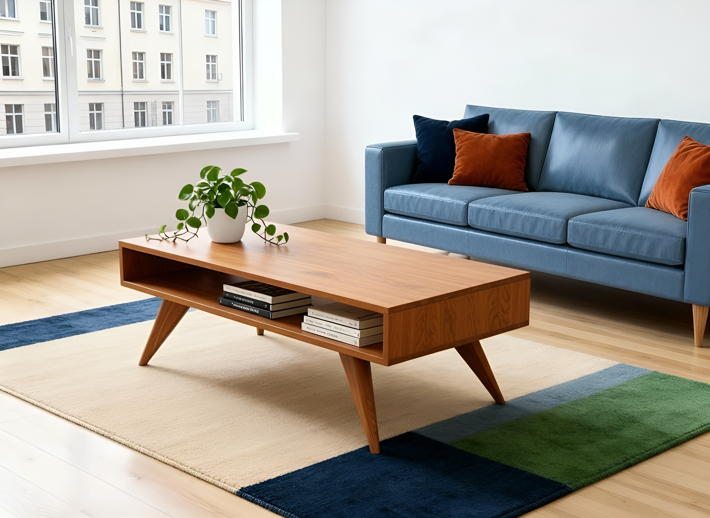 A modern living room with a blue sofa, orange cushions, Mid-Century Modern decor, a TY Fine Furniture Modern Coffee Table—handmade from solid cherry wood—plus a geometric rug on light wood floors near a large window.
