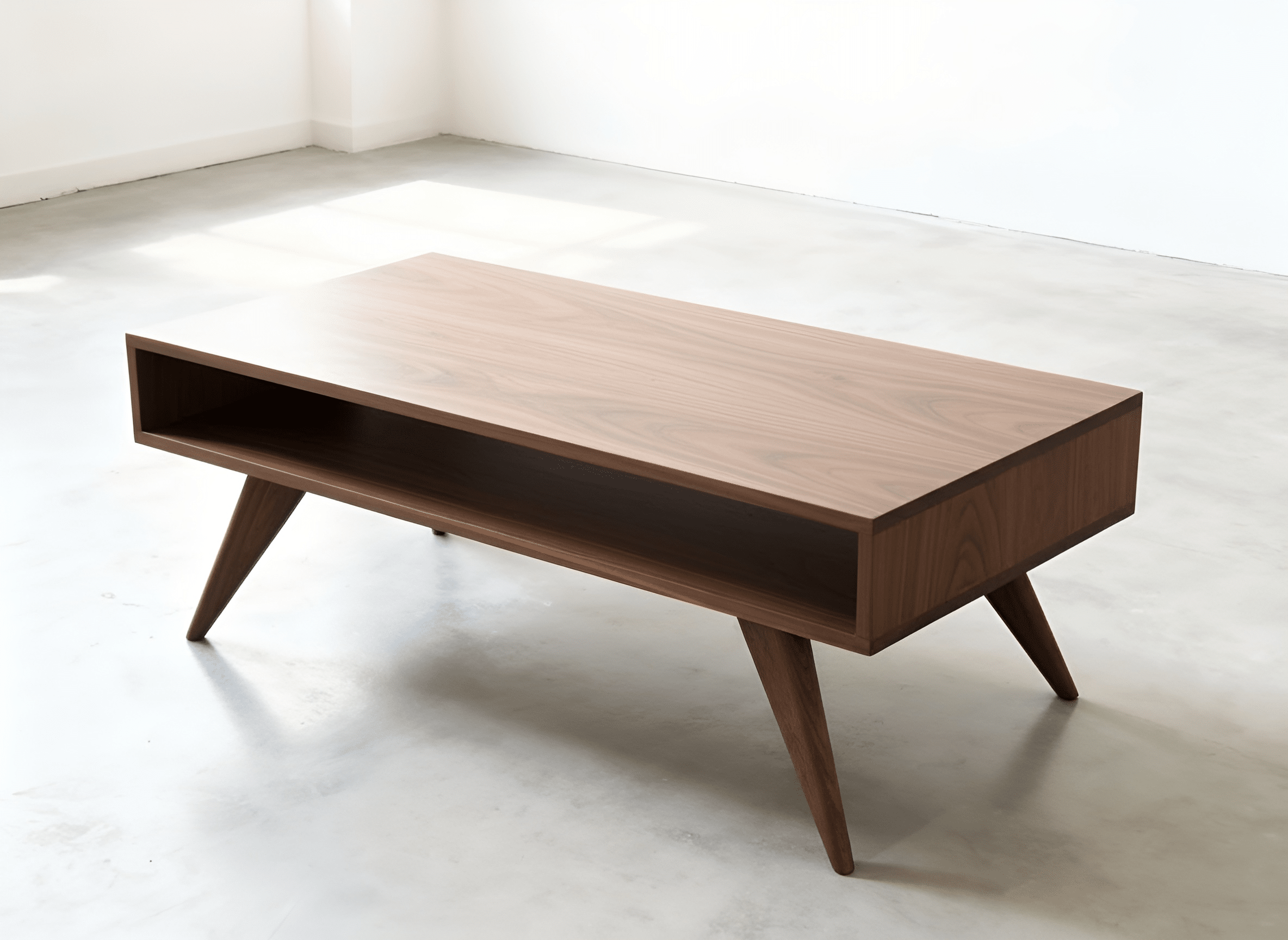 The Modern Coffee Table in Walnut by TY Fine Furniture, crafted from solid wood, features angled legs and an open storage compartment, and sits in a bright, minimal room with concrete floors and white walls.